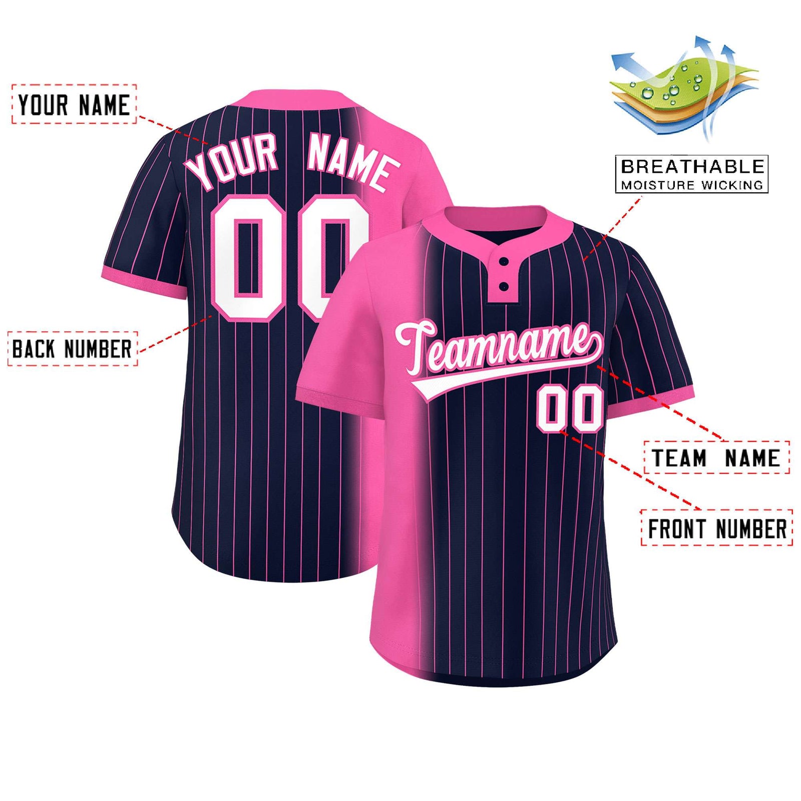 Custom Pink Navy Gradient Stripe Fashion Authentic Two-Button Softball Jersey