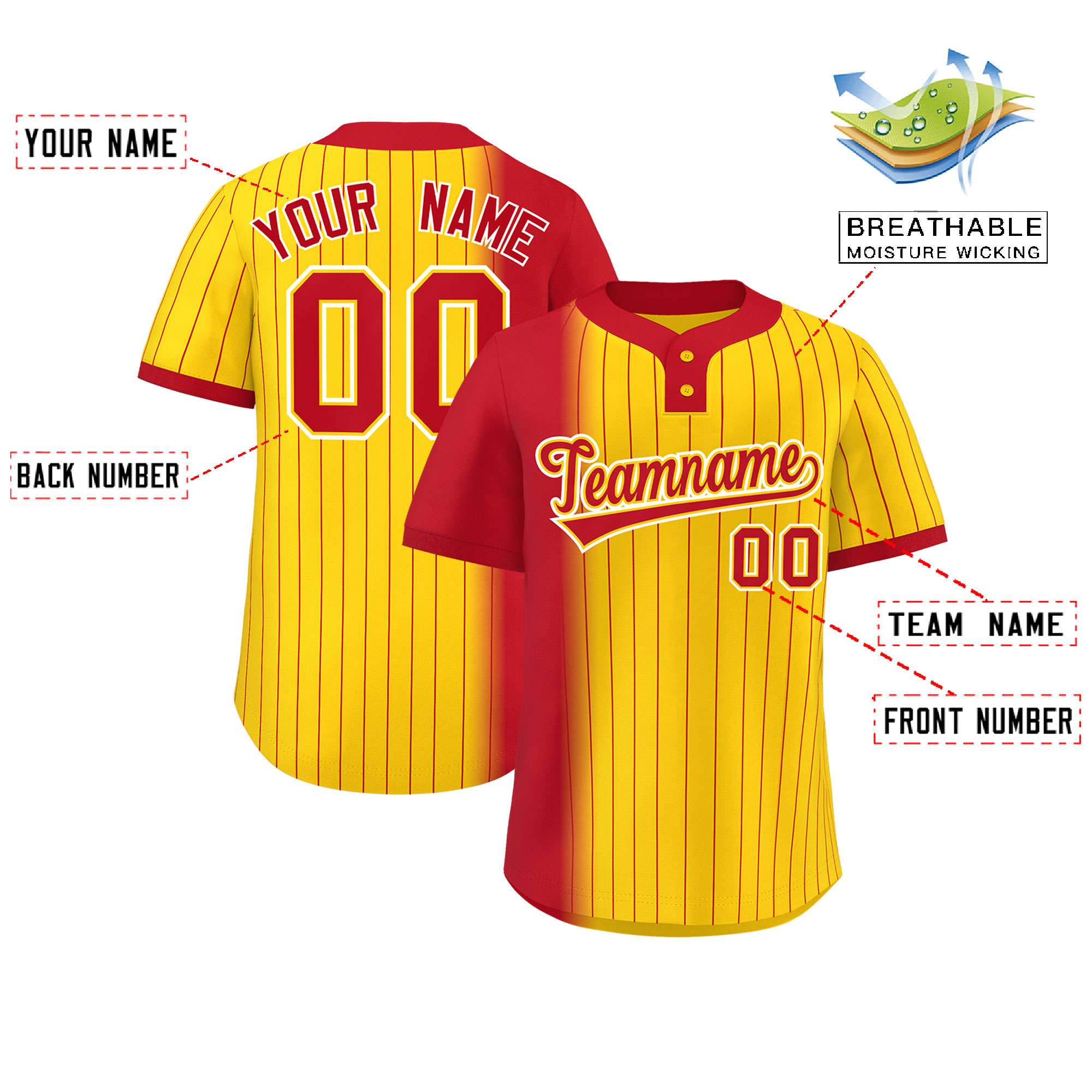 Custom Red Gold Gradient Stripe Fashion Authentic Two-Button Softball Jersey