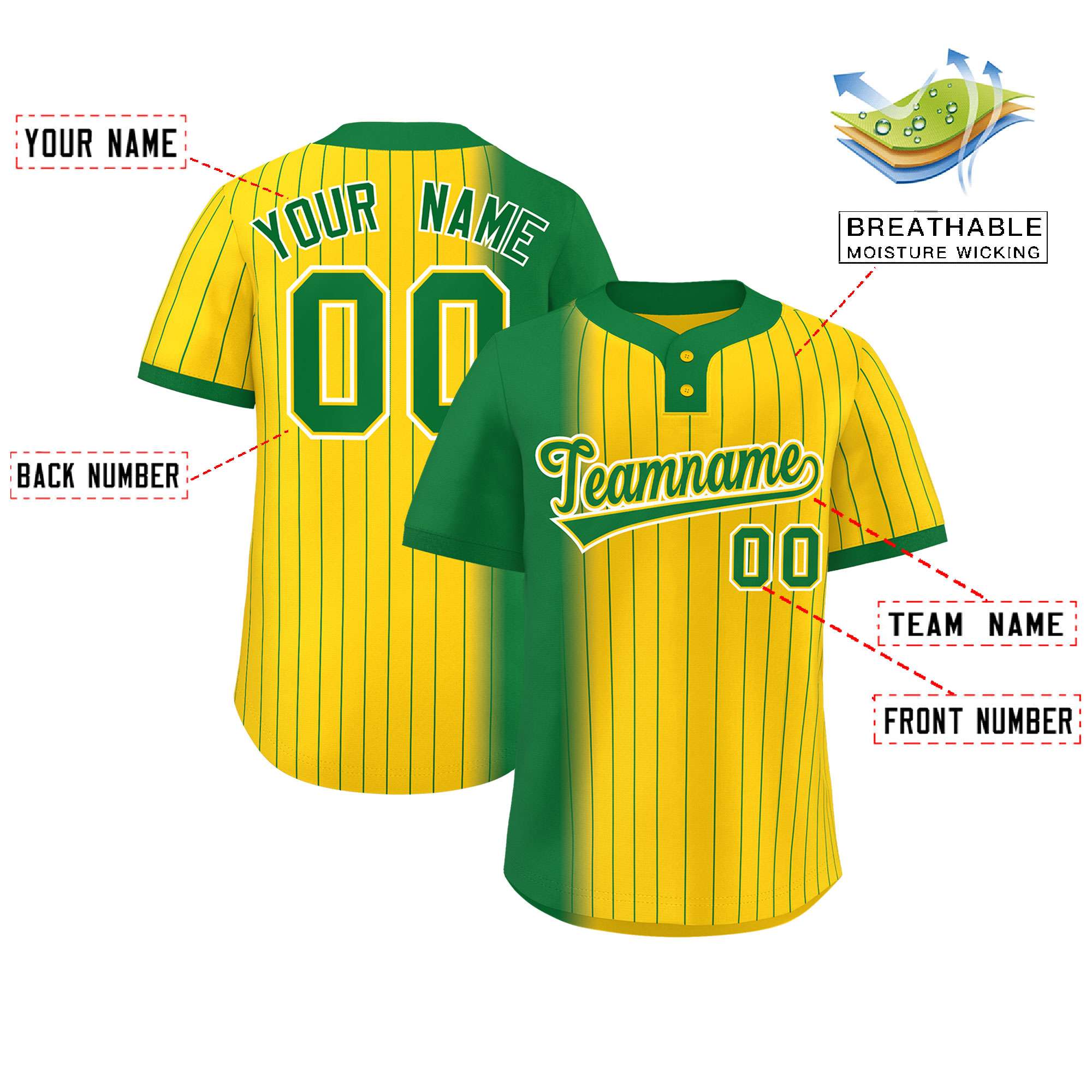 Custom Kelly Green Gold Gradient Stripe Fashion Authentic Two-Button Softball Jersey