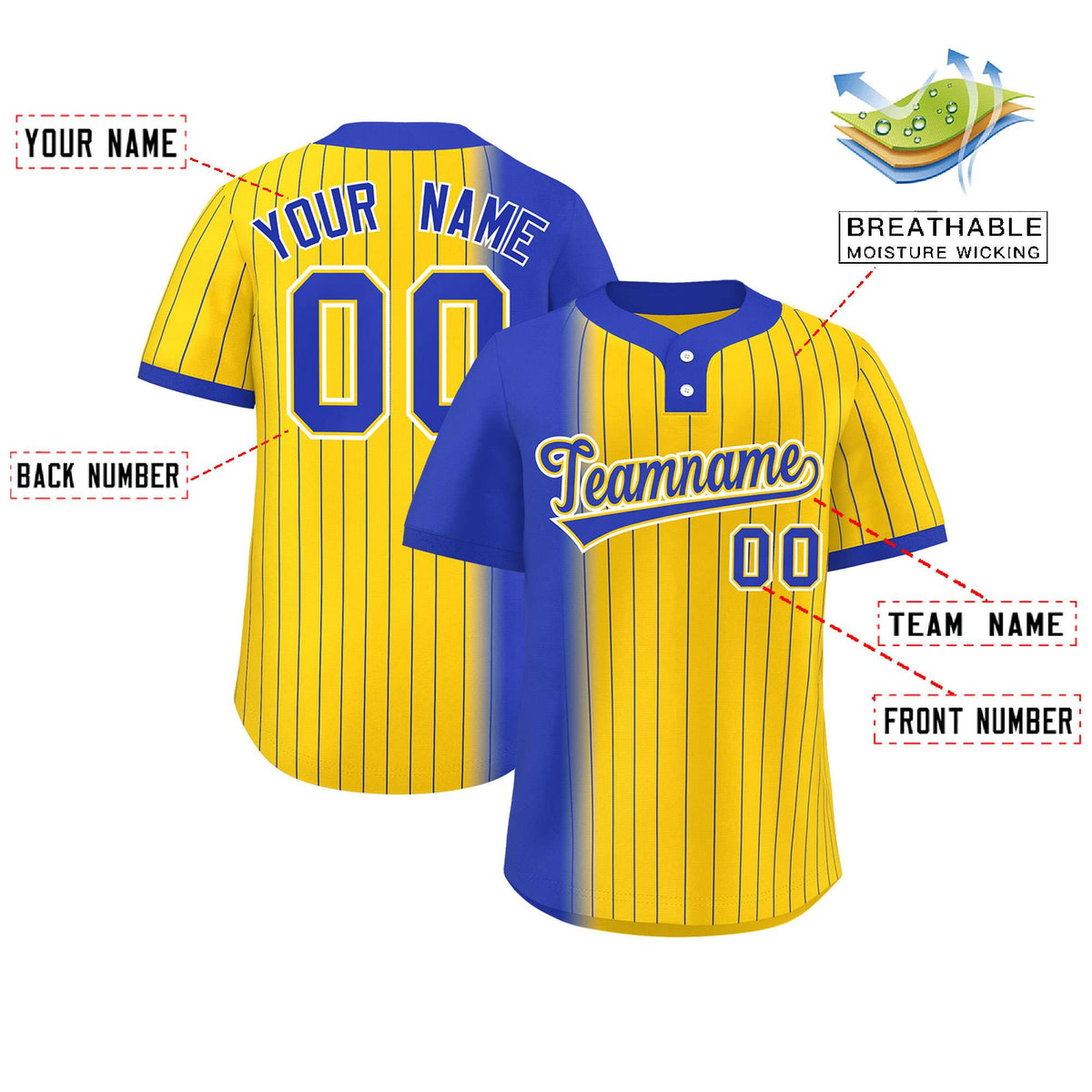 Custom Royal Gold Gradient Stripe Fashion Authentic Two-Button Softball Jersey