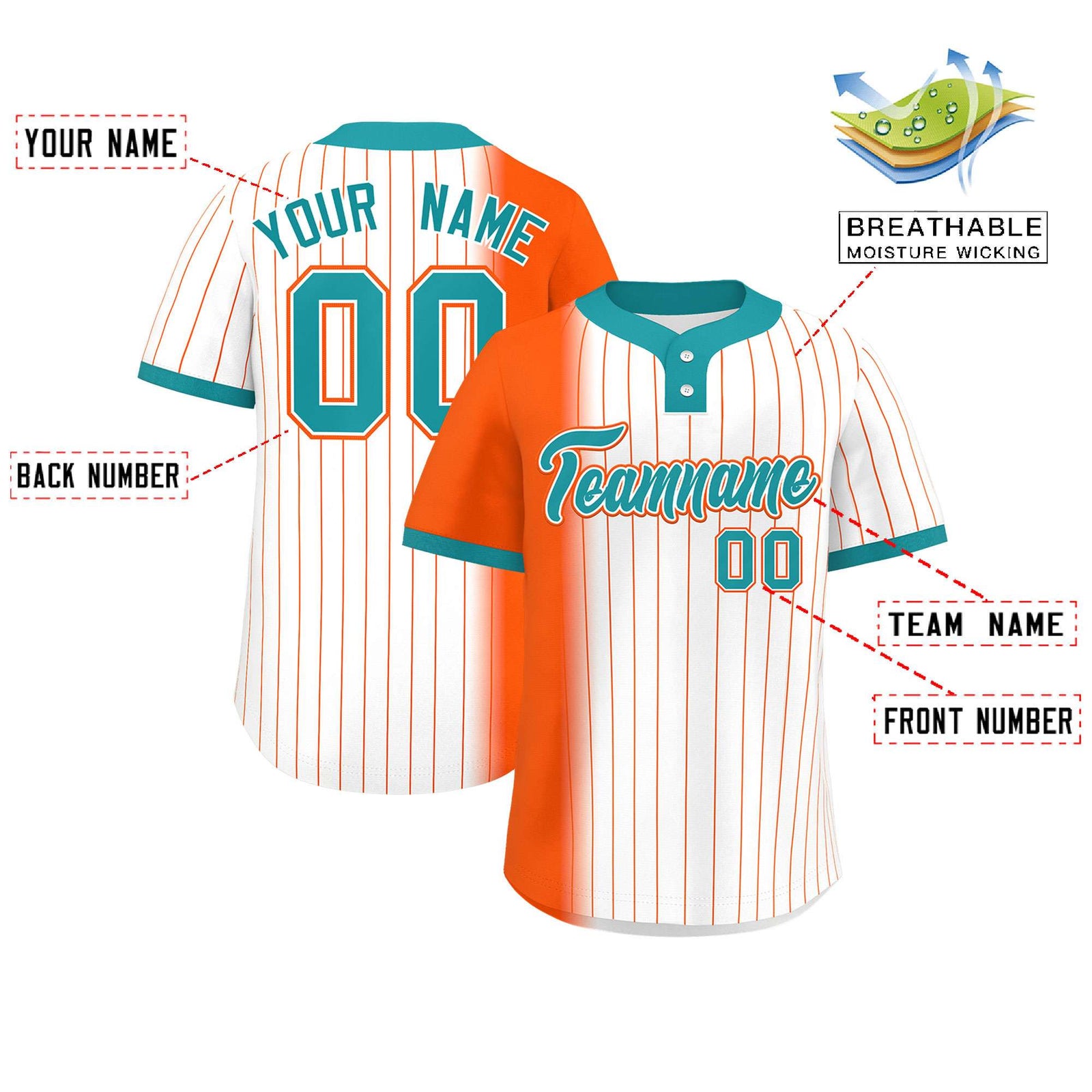 Custom Orange White-Aqua Gradient Stripe Fashion Authentic Two-Button Softball Jersey