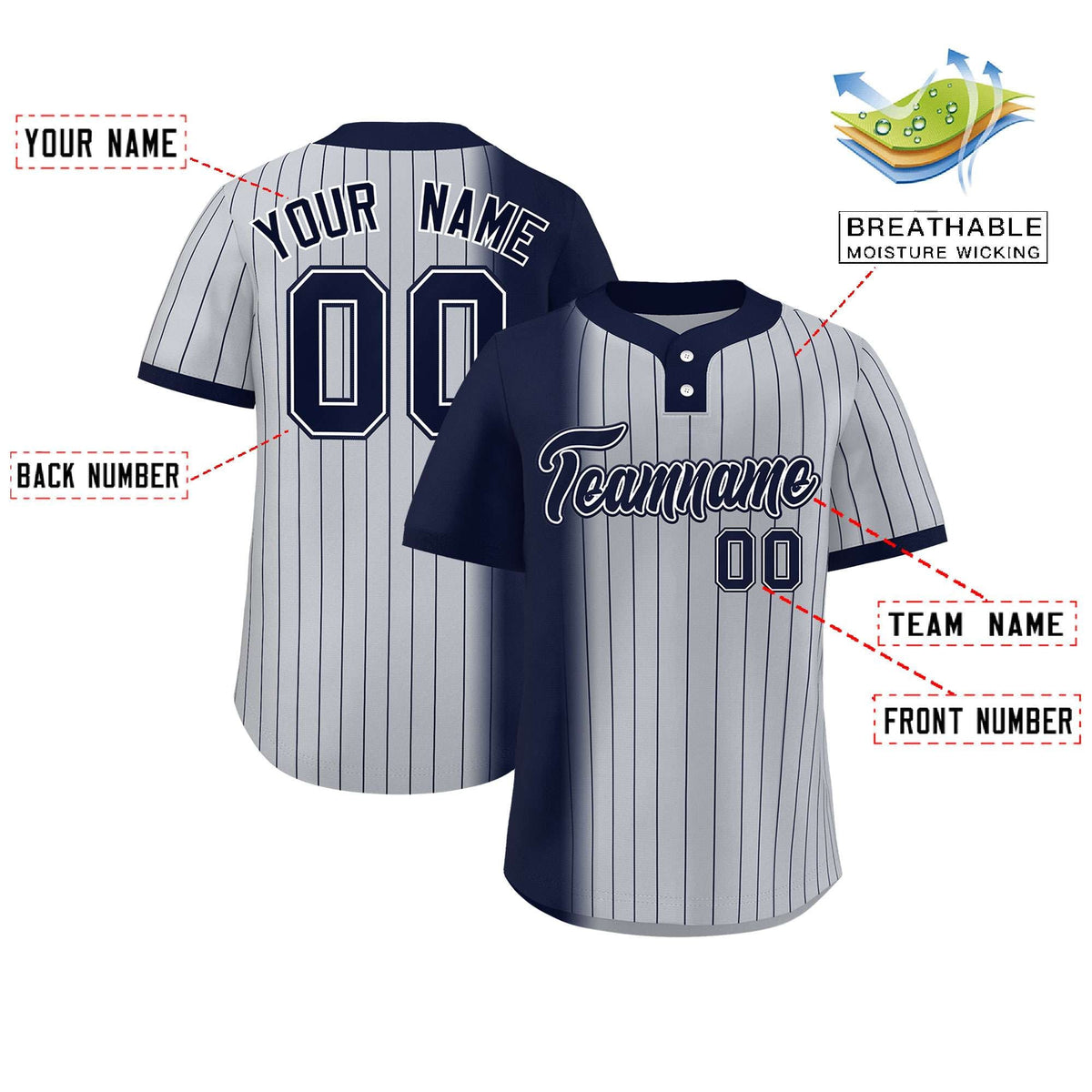 Custom Navy Gray Gradient Stripe Fashion Authentic Two-Button Softball Jersey