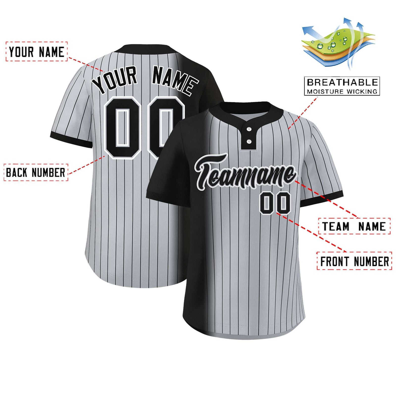 Custom Black Gray Gradient Stripe Fashion Authentic Two-Button Softball Jersey
