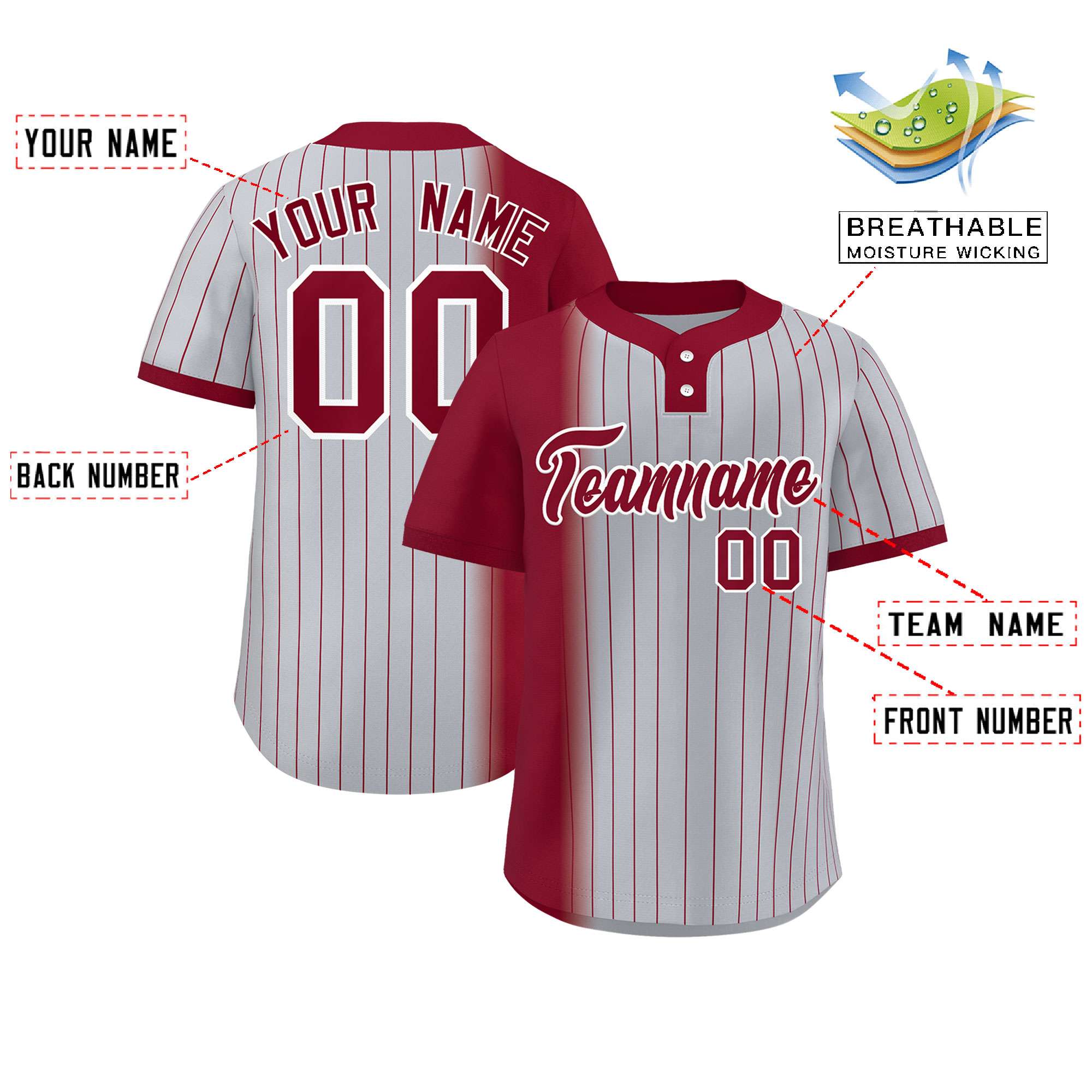 Custom Crimson Gray Gradient Stripe Fashion Authentic Two-Button Softball Jersey