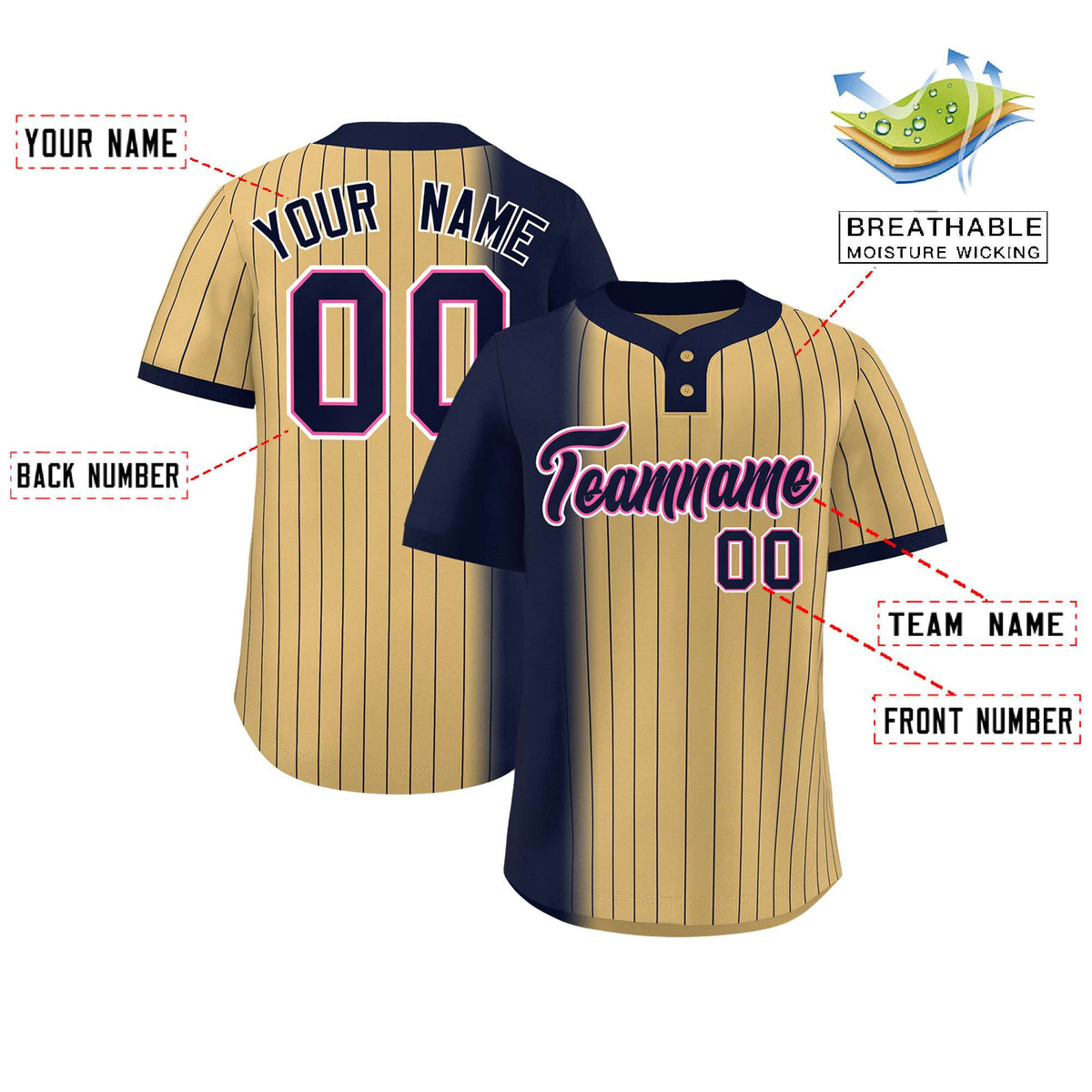 Custom Navy Old Gold Gradient Stripe Fashion Authentic Two-Button Softball Jersey