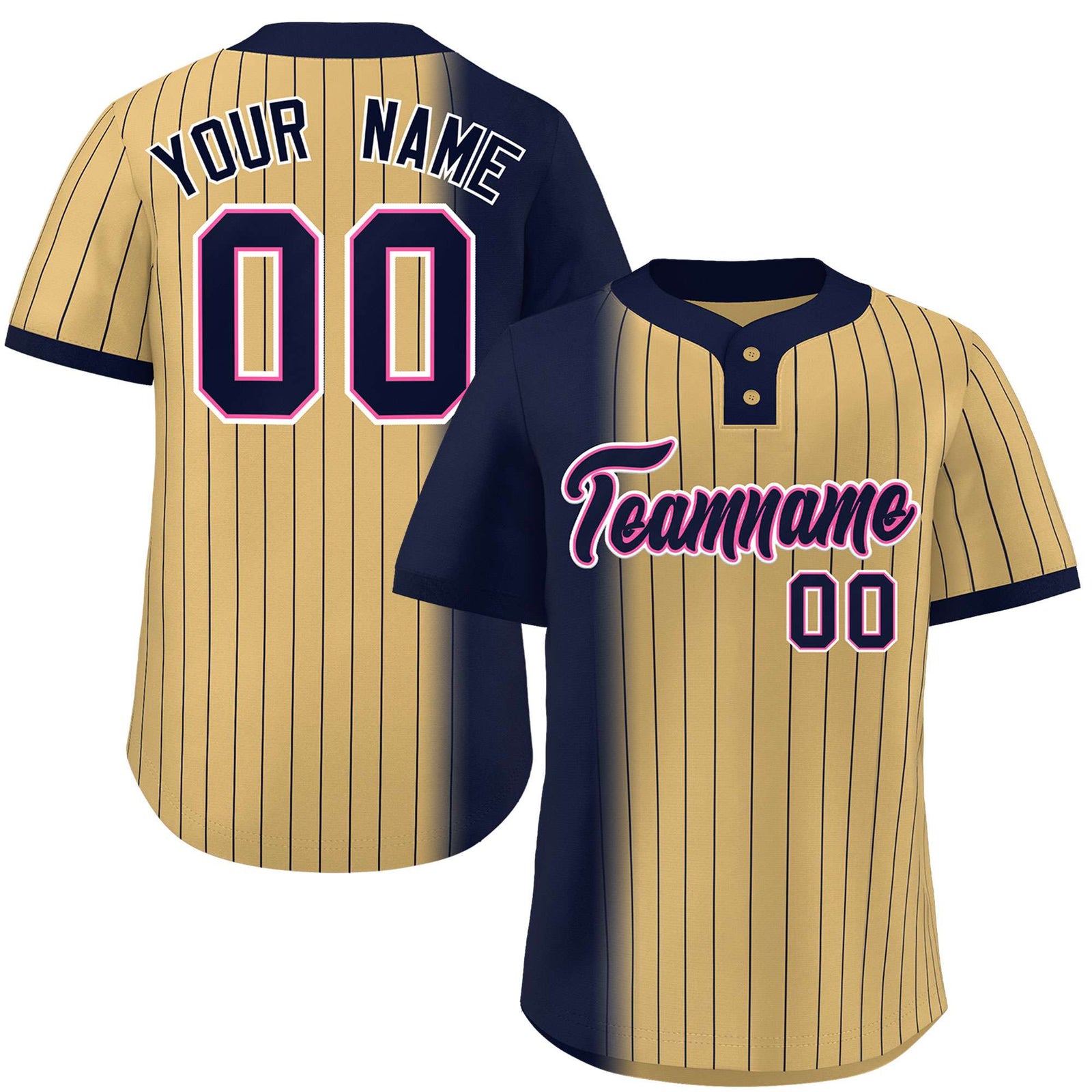 Custom Navy Old Gold Gradient Stripe Fashion Authentic Two-Button Softball Jersey