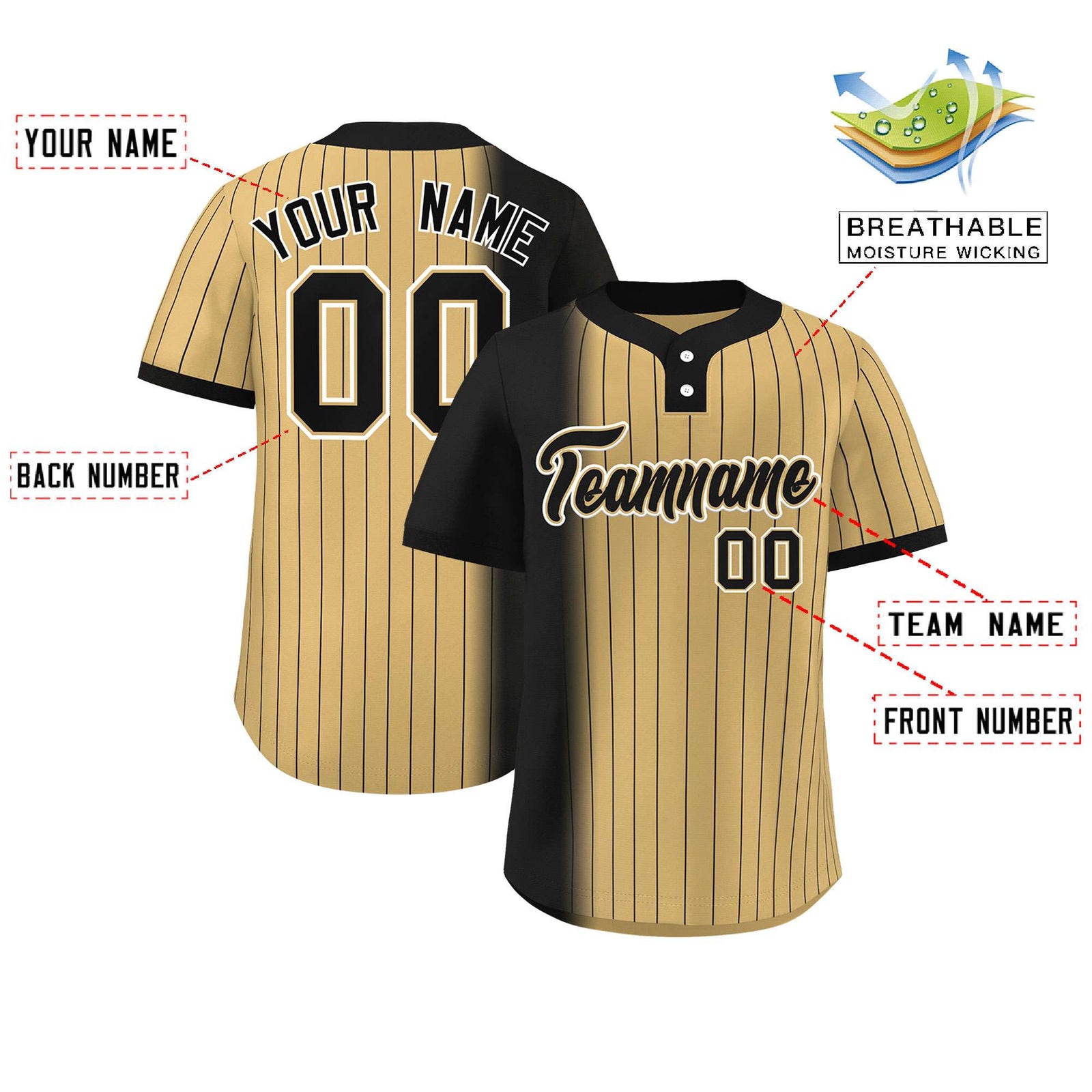 Custom Black Old Gold Gradient Stripe Fashion Authentic Two-Button Softball Jersey