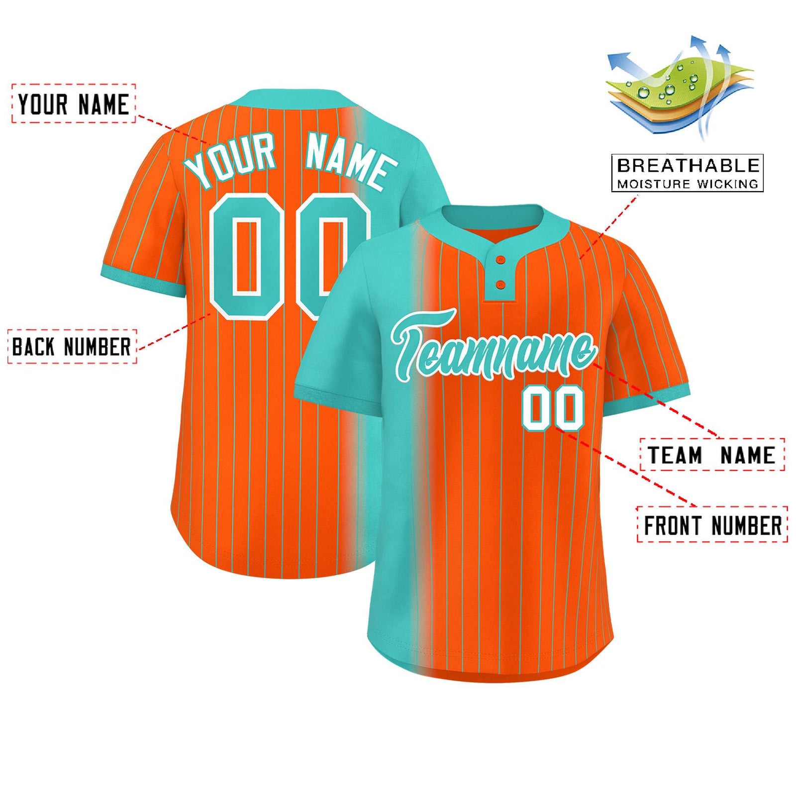 Custom Aqua Orange Gradient Stripe Fashion Authentic Two-Button Softball Jersey