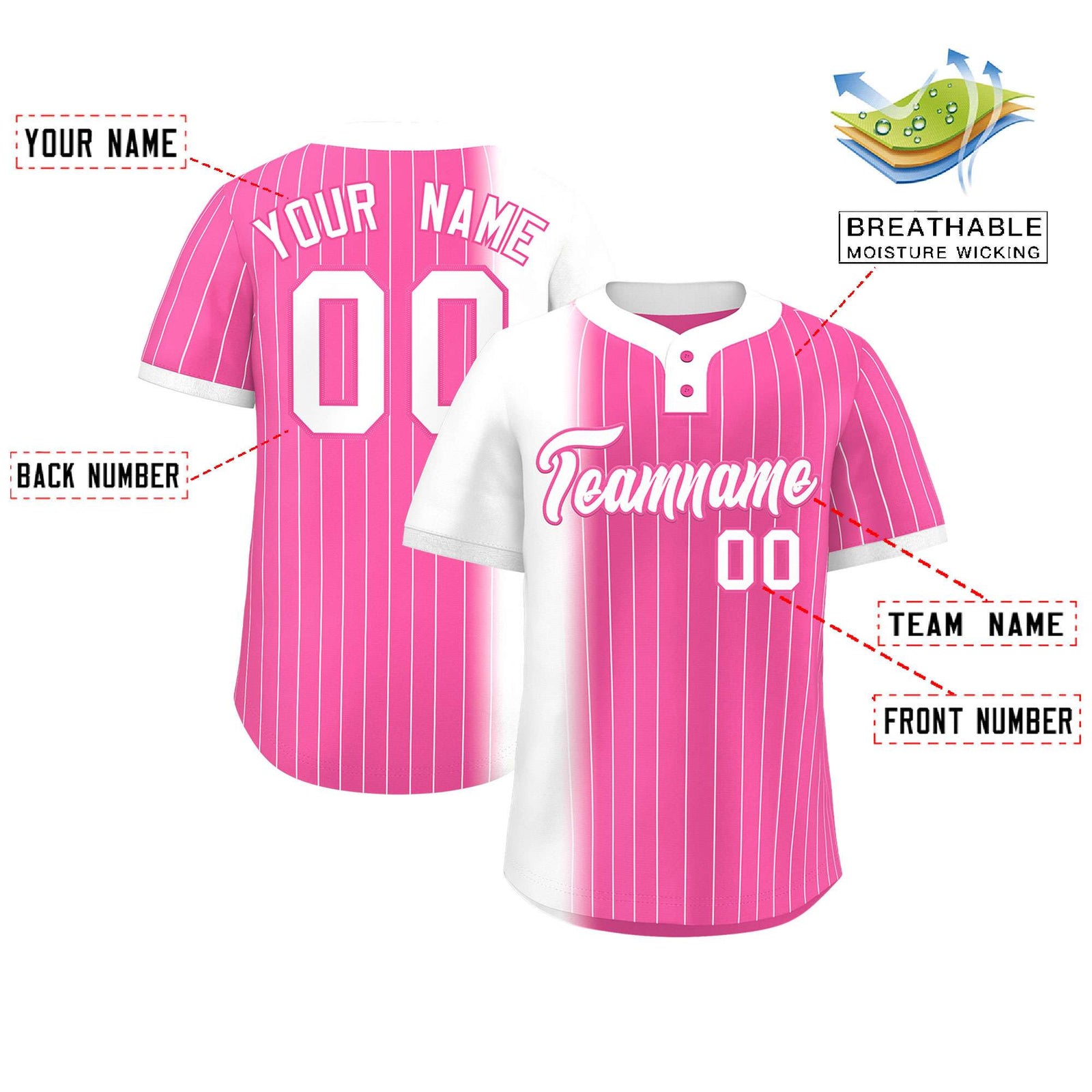 Custom White Pink Gradient Stripe Fashion Authentic Two-Button Softball Jersey