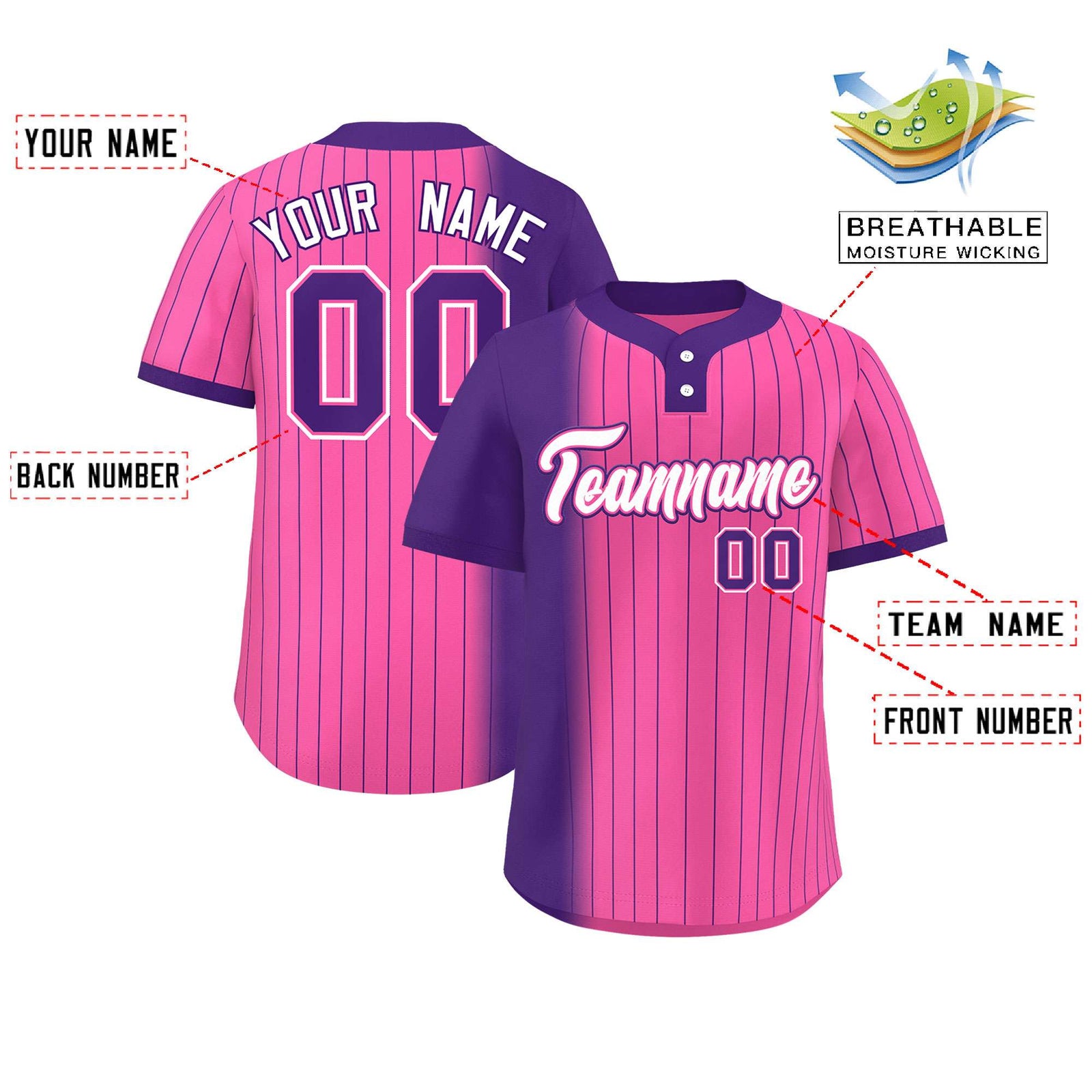 Custom Purple Pink Gradient Stripe Fashion Authentic Two-Button Softball Jersey