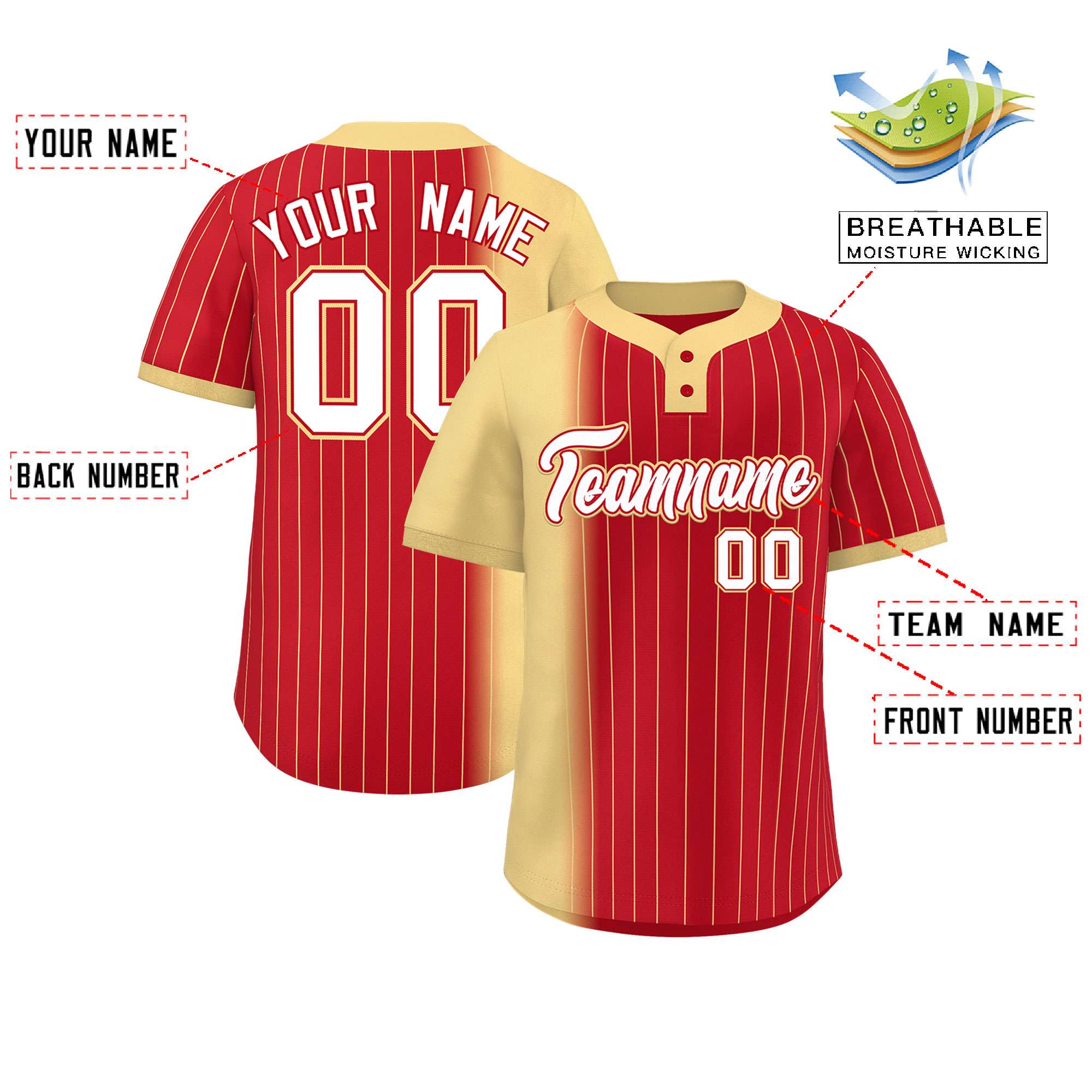 Custom Khaki Red Gradient Stripe Fashion Authentic Two-Button Softball Jersey