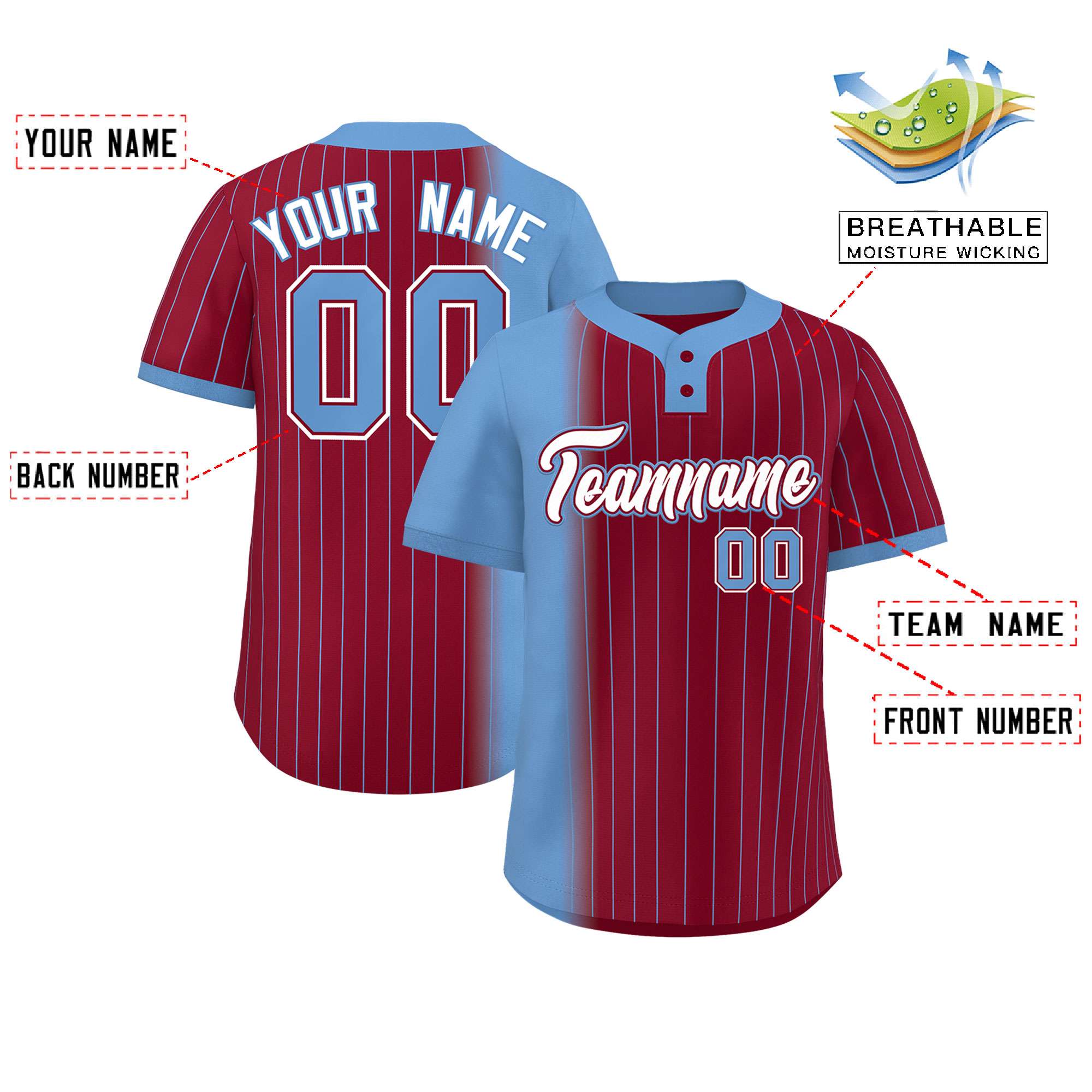 Custom Light Blue Crimson Gradient Stripe Fashion Authentic Two-Button Softball Jersey