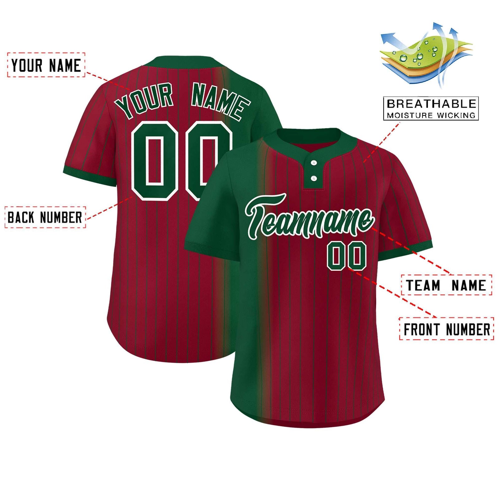 Custom Green Crimson Gradient Stripe Fashion Authentic Two-Button Softball Jersey