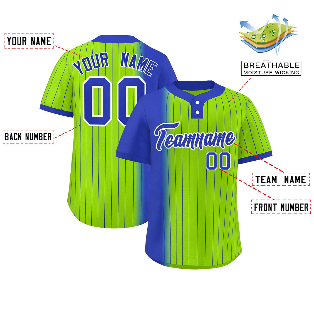 Custom Royal Neon Green Gradient Stripe Fashion Authentic Two-Button Softball Jersey