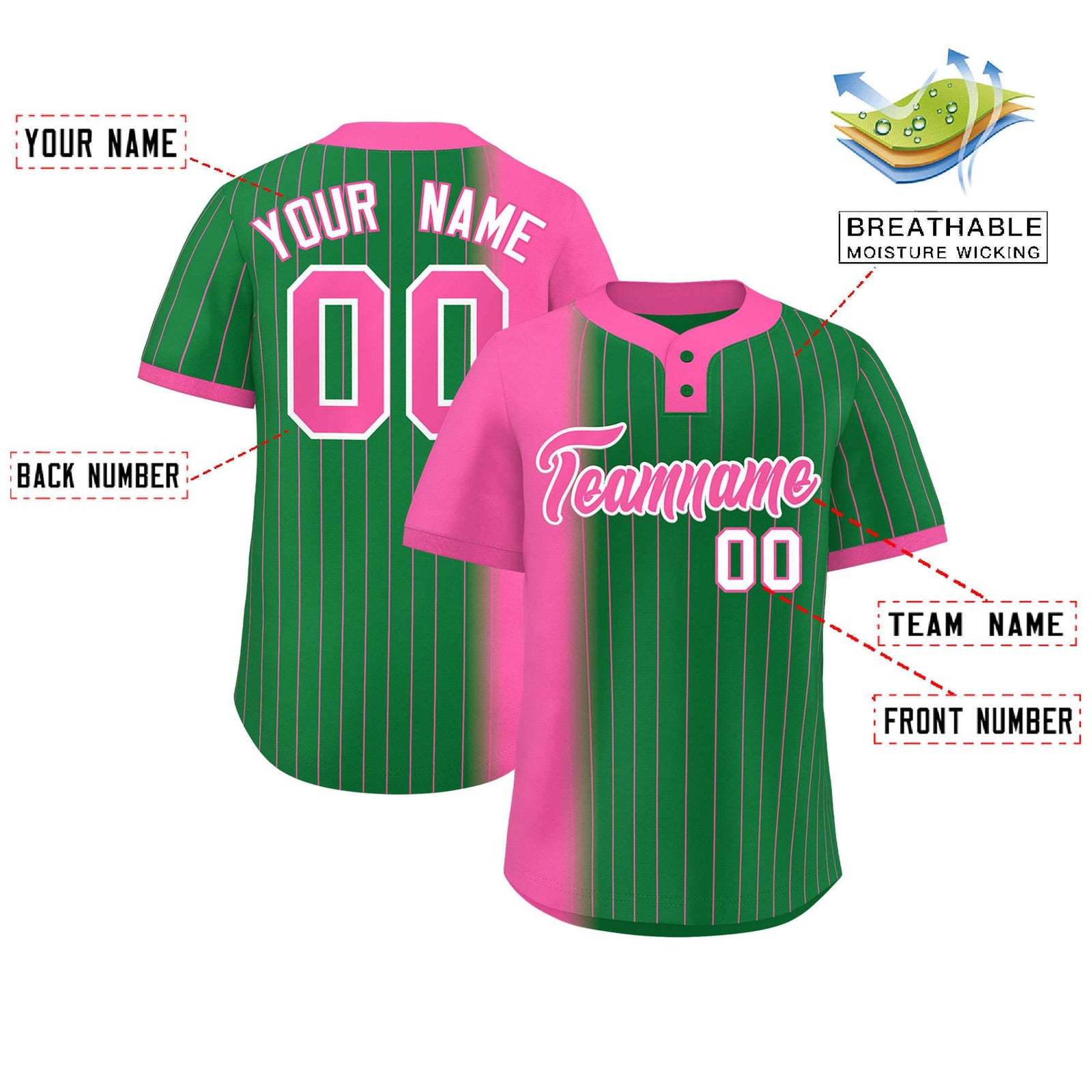 Custom Pink Kelly Green Gradient Stripe Fashion Authentic Two-Button Softball Jersey