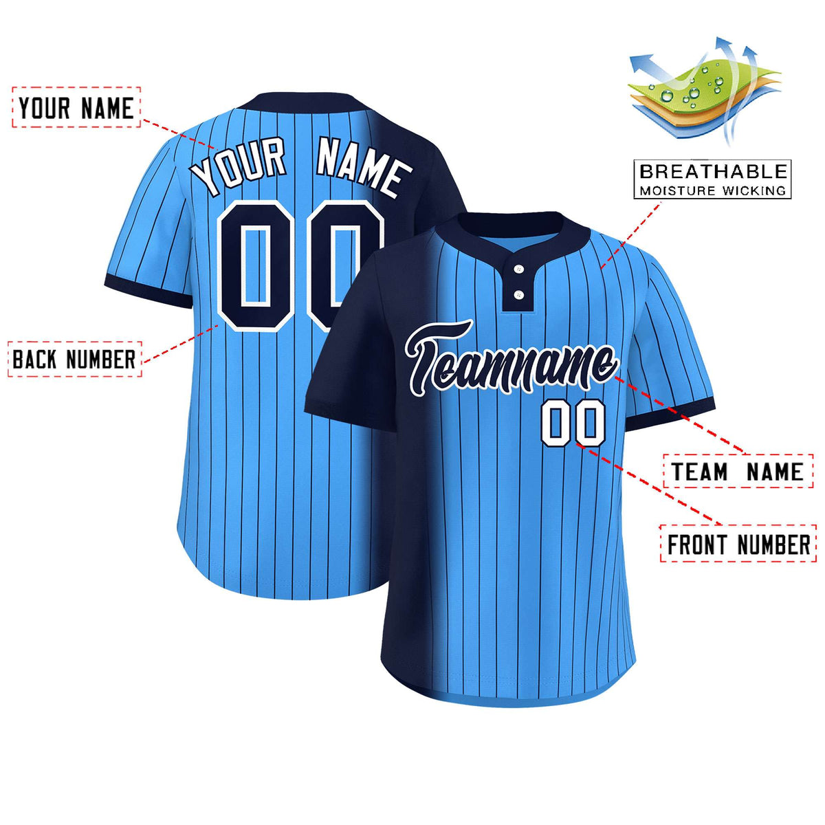 Custom Navy Powder Blue Gradient Stripe Fashion Authentic Two-Button Softball Jersey