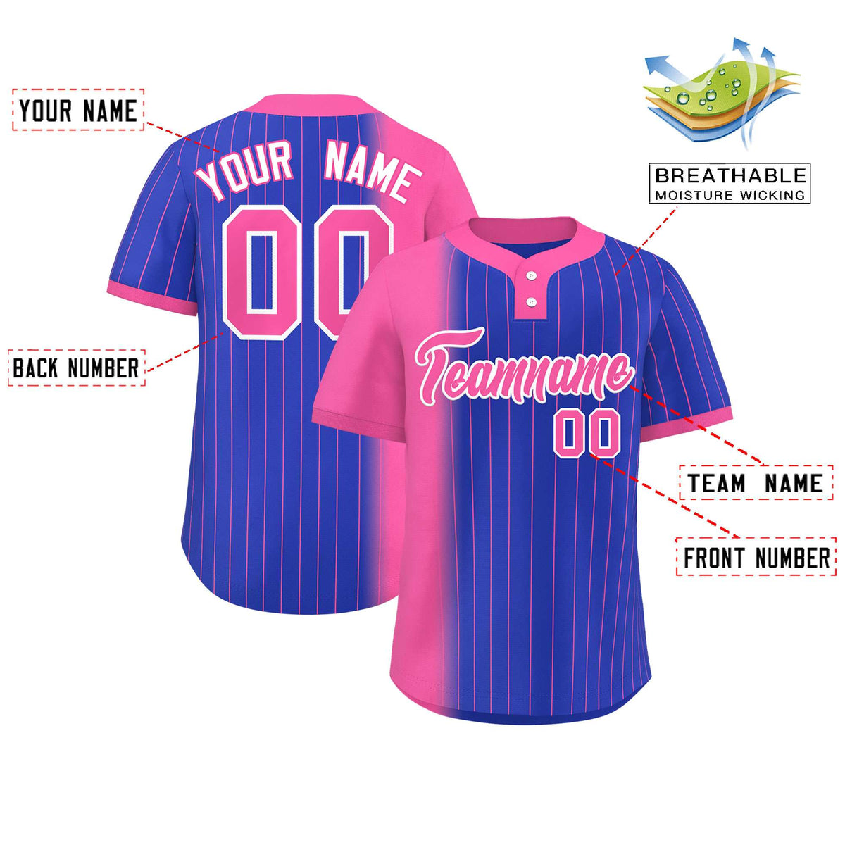 Custom Pink Royal Gradient Stripe Fashion Authentic Two-Button Softball Jersey