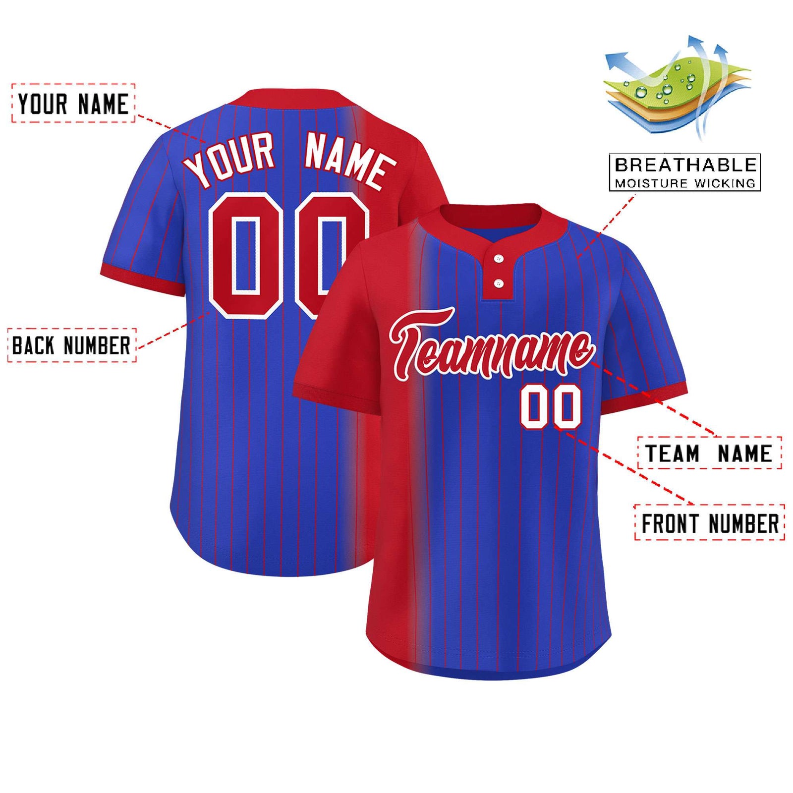 Custom Red Royal Gradient Stripe Fashion Authentic Two-Button Softball Jersey