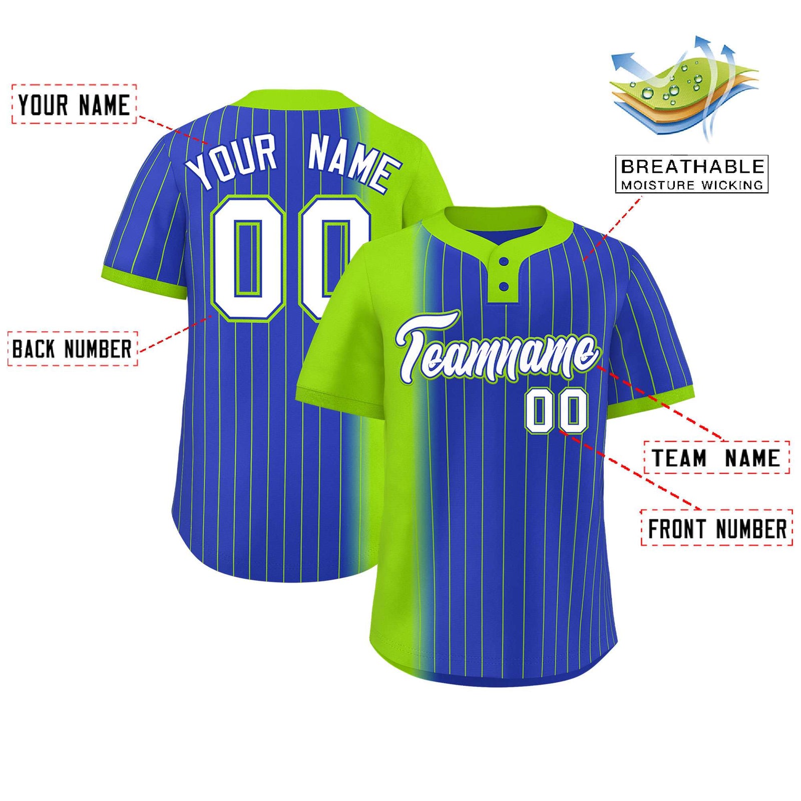 Custom Neon Green Royal Gradient Stripe Fashion Authentic Two-Button Softball Jersey