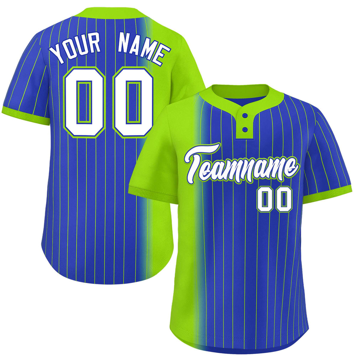 Custom Neon Green Royal Gradient Stripe Fashion Authentic Two-Button Softball Jersey