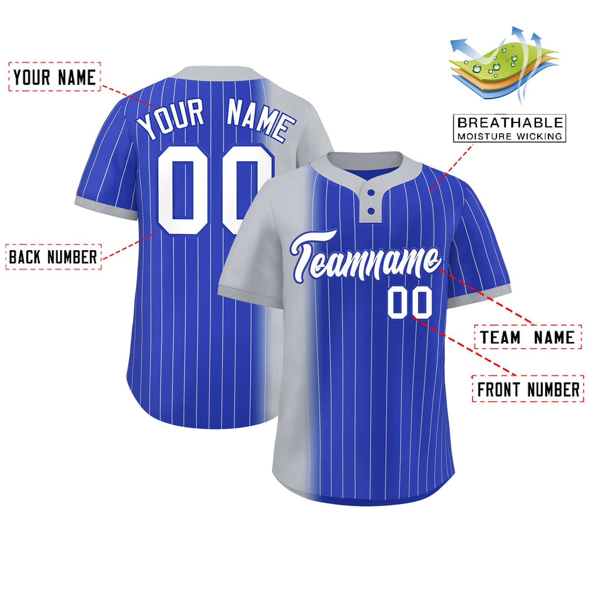 Custom Gray Royal Gradient Stripe Fashion Authentic Two-Button Softball Jersey