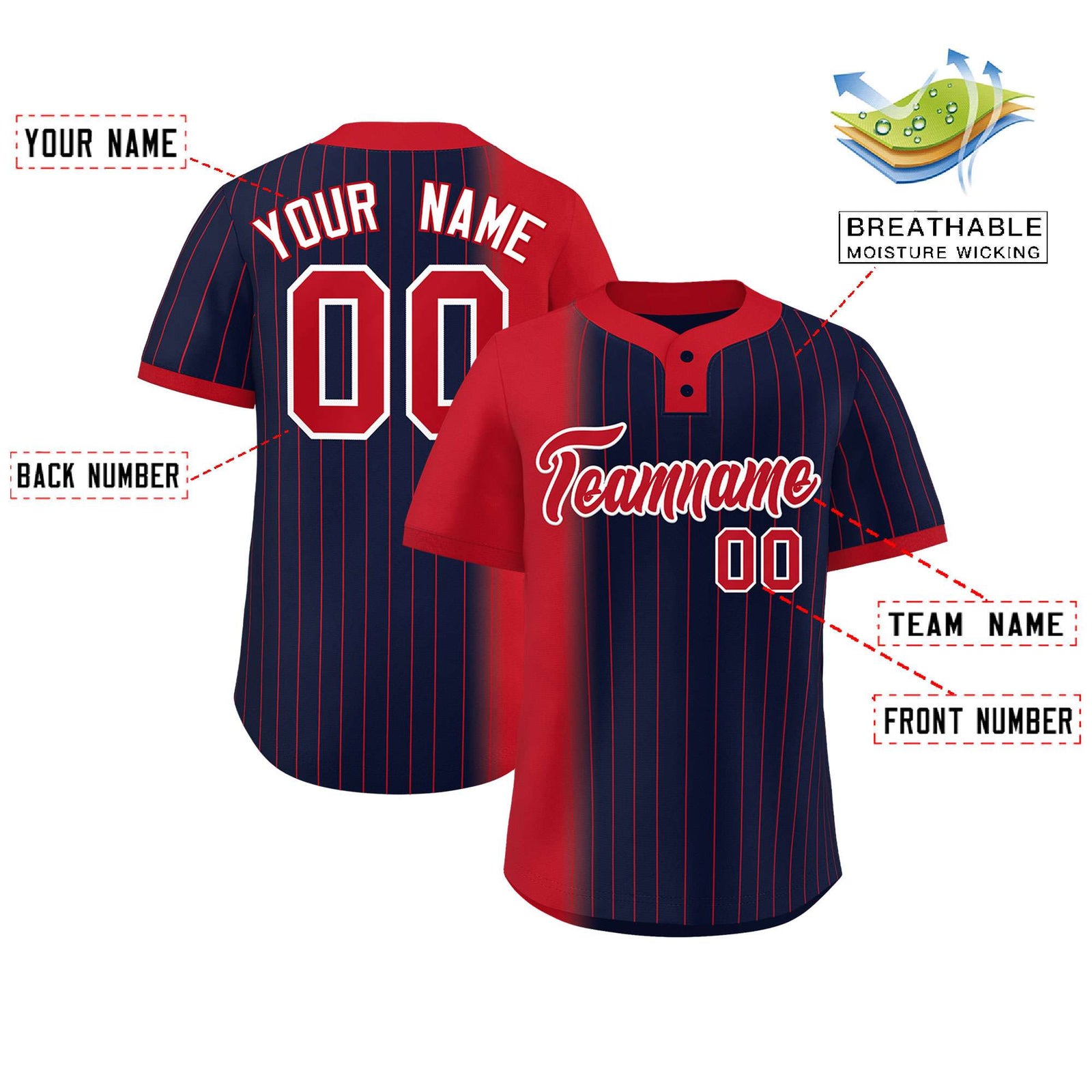 Custom Red Navy Gradient Stripe Fashion Authentic Two-Button Softball Jersey