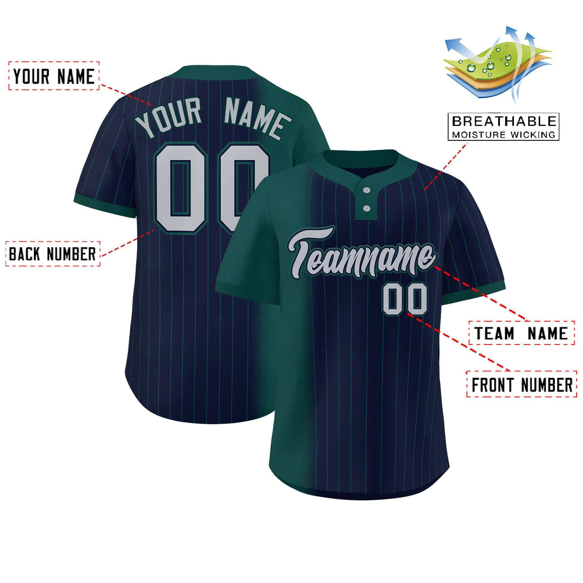 Custom Midnight Green Navy Gradient Stripe Fashion Authentic Two-Button Softball Jersey