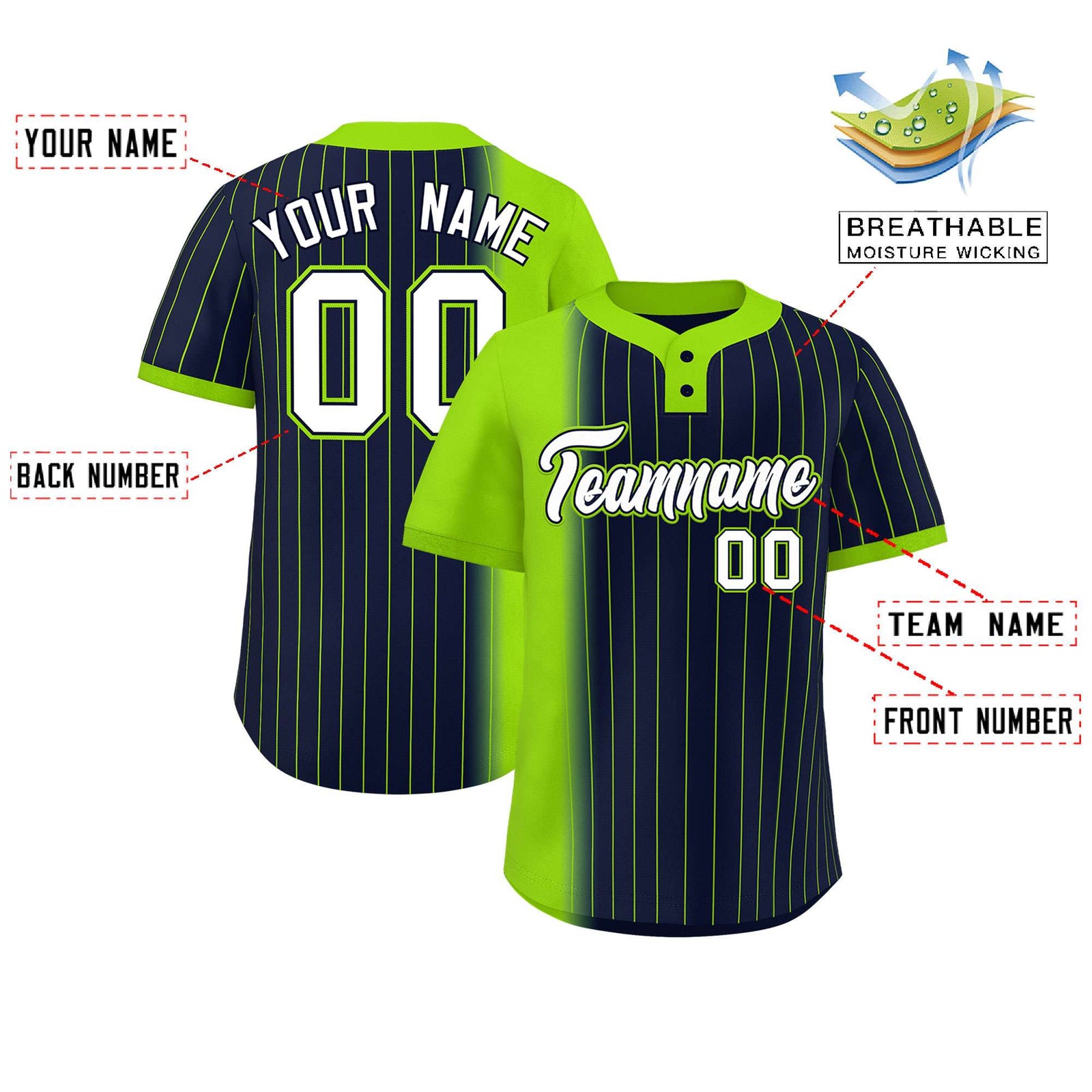 Custom Neon Green Navy Gradient Stripe Fashion Authentic Two-Button Softball Jersey