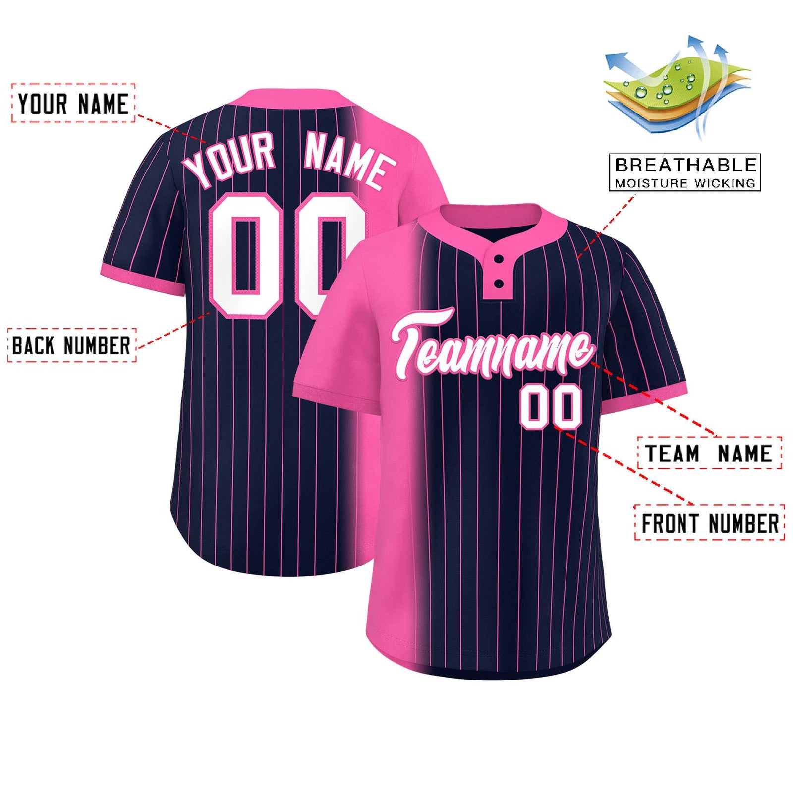 Custom Pink Navy Gradient Stripe Fashion Authentic Two-Button Softball Jersey