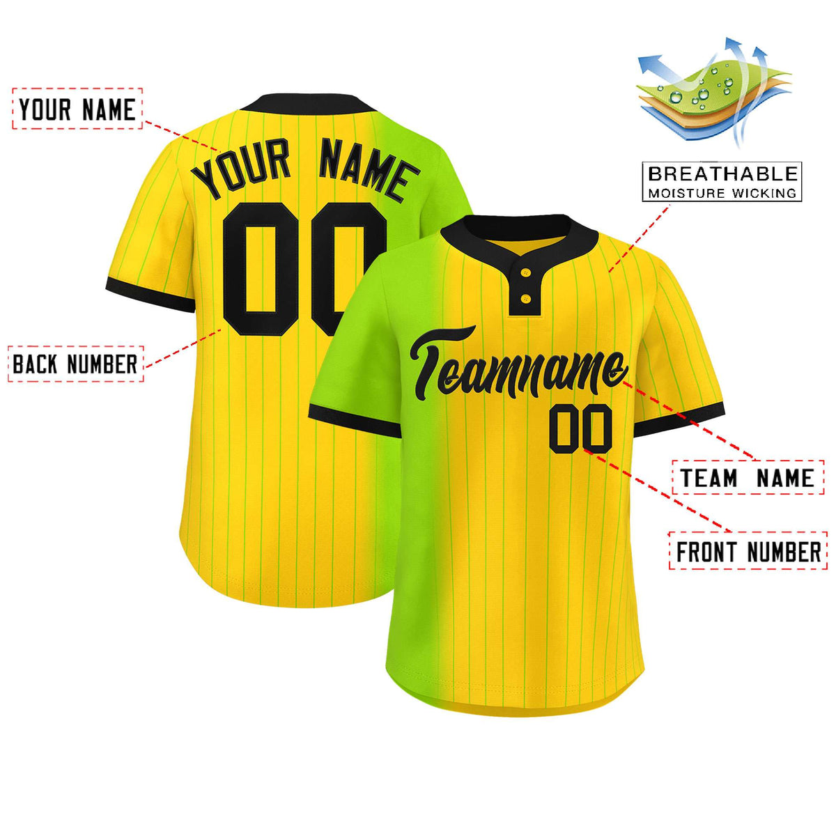 Custom Neon Green Gold Gradient Stripe Fashion Authentic Two-Button Softball Jersey