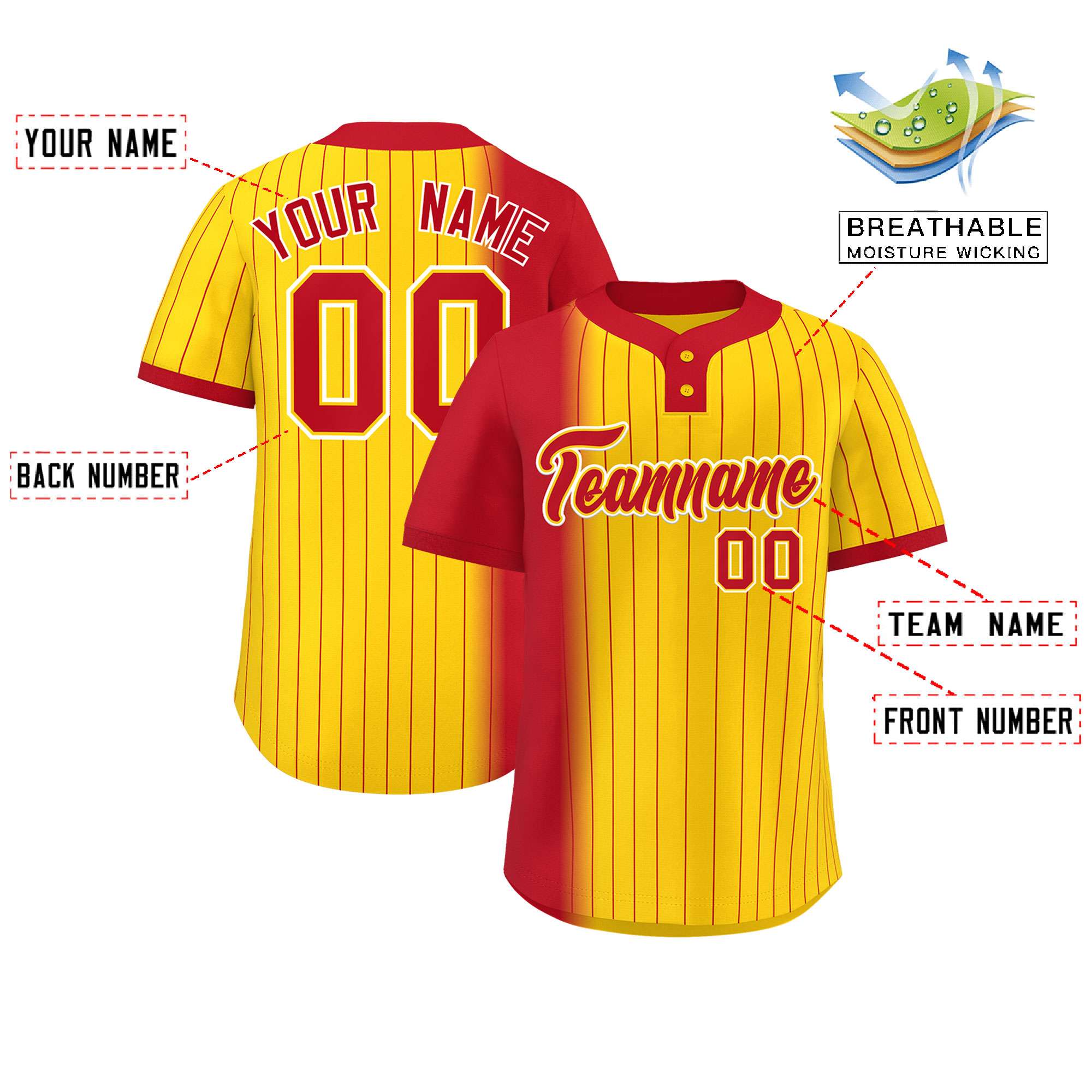 Custom Red Gold Gradient Stripe Fashion Authentic Two-Button Softball Jersey