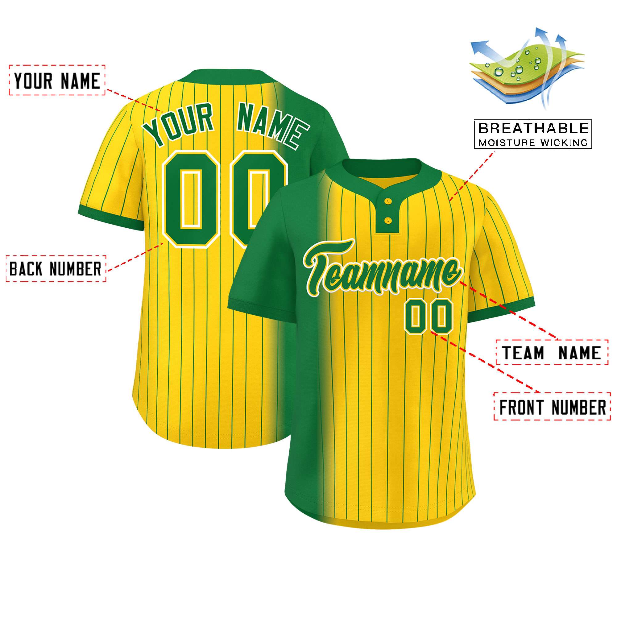 Custom Kelly Green Gold Gradient Stripe Fashion Authentic Two-Button Softball Jersey