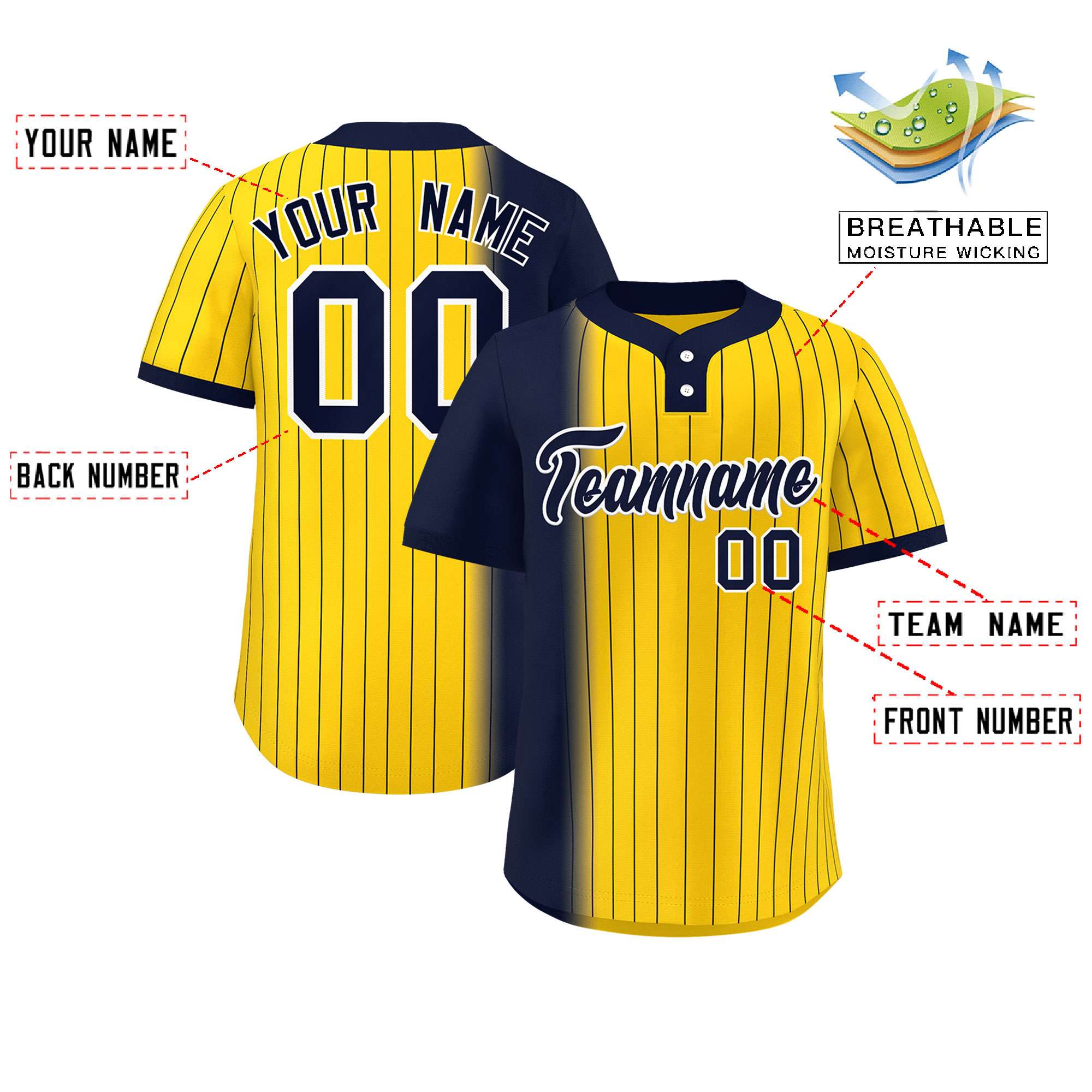 Custom Navy Gold Gradient Stripe Fashion Authentic Two-Button Softball Jersey
