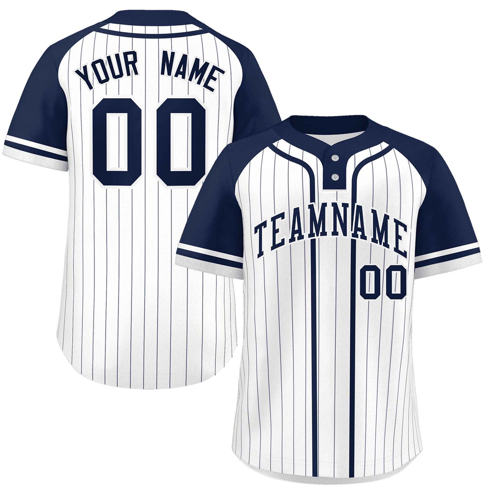 Custom White Navy Stripe Fashion Raglan Sleeves Authentic Two-Button Softball Jersey