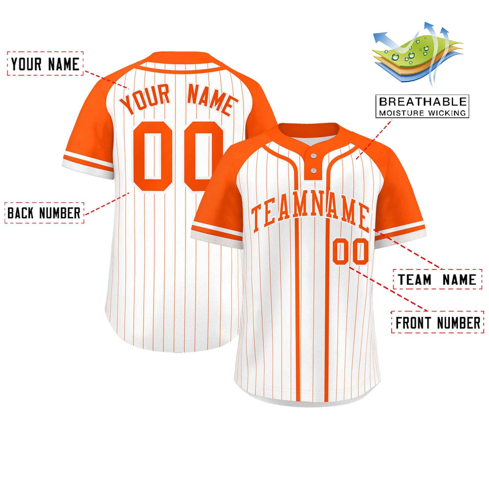 Custom White Orange Stripe Fashion Raglan Sleeves Authentic Two-Button Softball Jersey