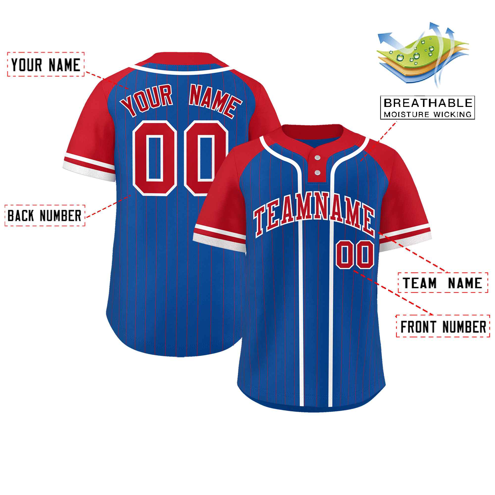 Custom Royal Red-White Stripe Fashion Raglan Sleeves Authentic Two-Button Softball Jersey
