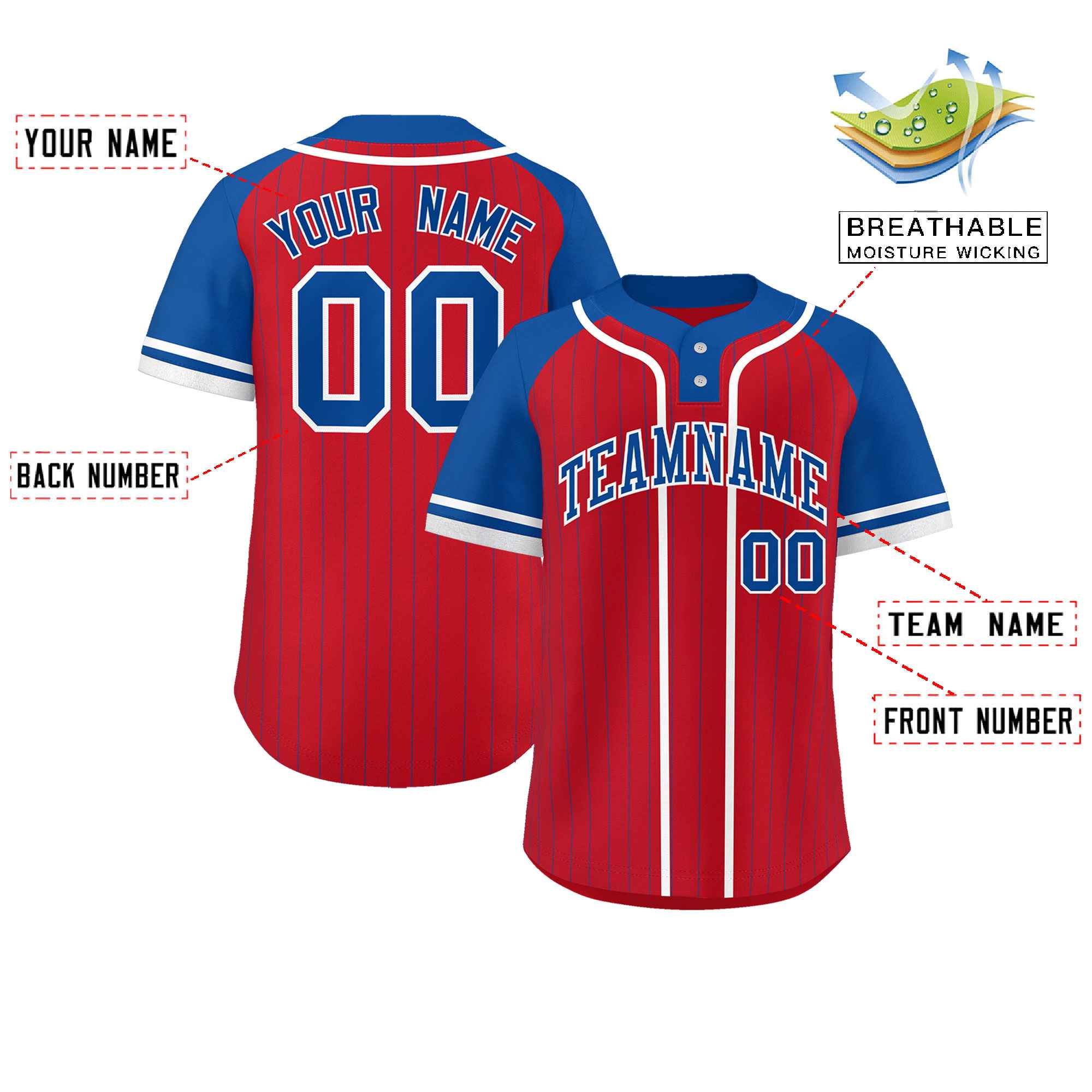 Custom Red Royal-White Stripe Fashion Raglan Sleeves Authentic Two-Button Softball Jersey