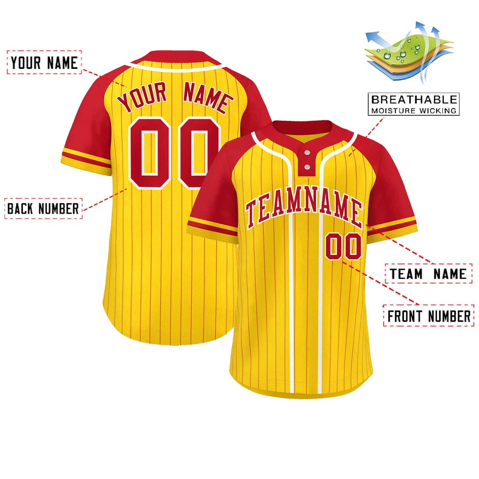 Custom Gold Red-White Stripe Fashion Raglan Sleeves Authentic Two-Button Softball Jersey