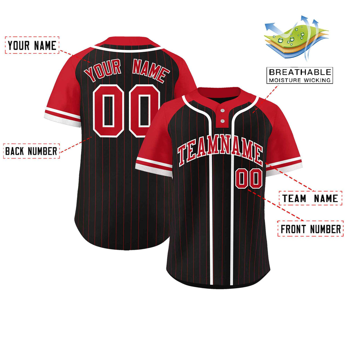Custom Black Red-White Stripe Fashion Raglan Sleeves Authentic Two-Button Softball Jersey