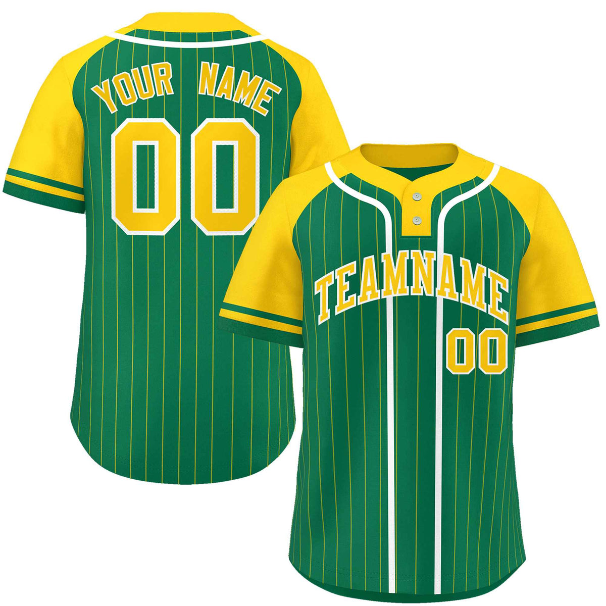 Custom Kelly Green Gold-White Stripe Fashion Raglan Sleeves Authentic Two-Button Softball Jersey