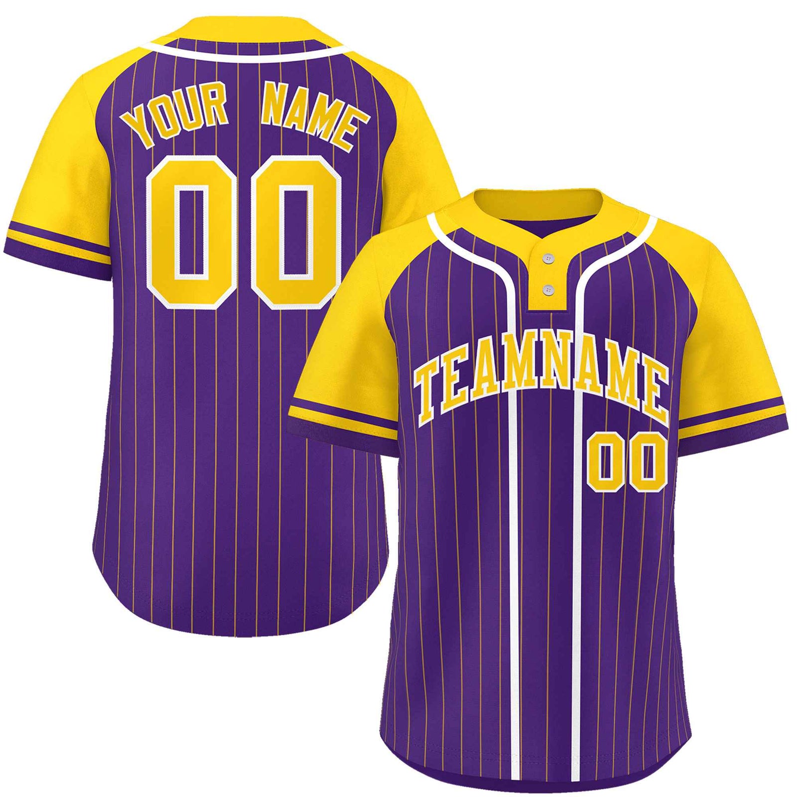 Custom Purple Gold-White Stripe Fashion Raglan Sleeves Authentic Two-Button Softball Jersey