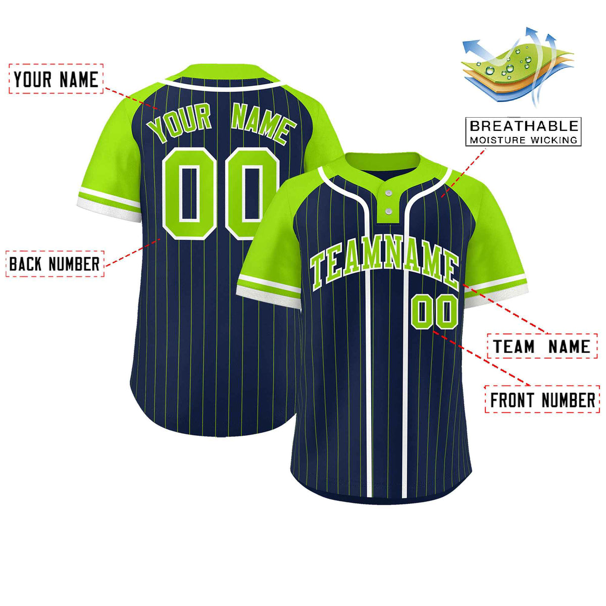 Custom Navy Neon Green-White Stripe Fashion Raglan Sleeves Authentic Two-Button Softball Jersey