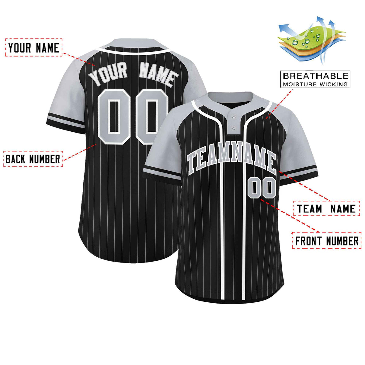 Custom Black Gray-White Stripe Fashion Raglan Sleeves Authentic Two-Button Softball Jersey