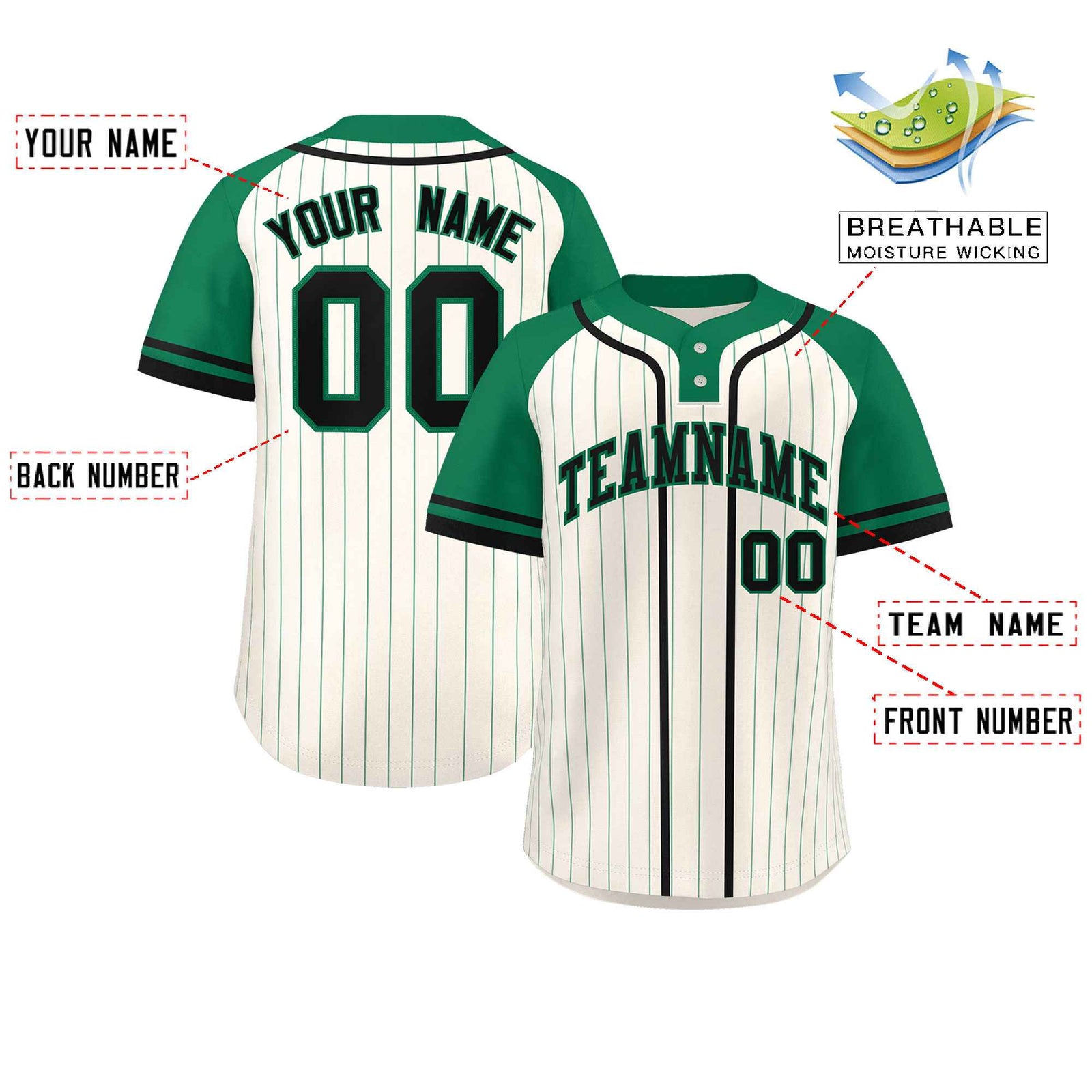 Custom Cream Kelly Green-Black Stripe Fashion Raglan Sleeves Authentic Two-Button Softball Jersey