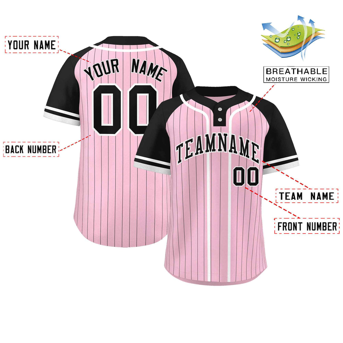 Custom Light Pink Black-White Stripe Fashion Raglan Sleeves Authentic Two-Button Softball Jersey