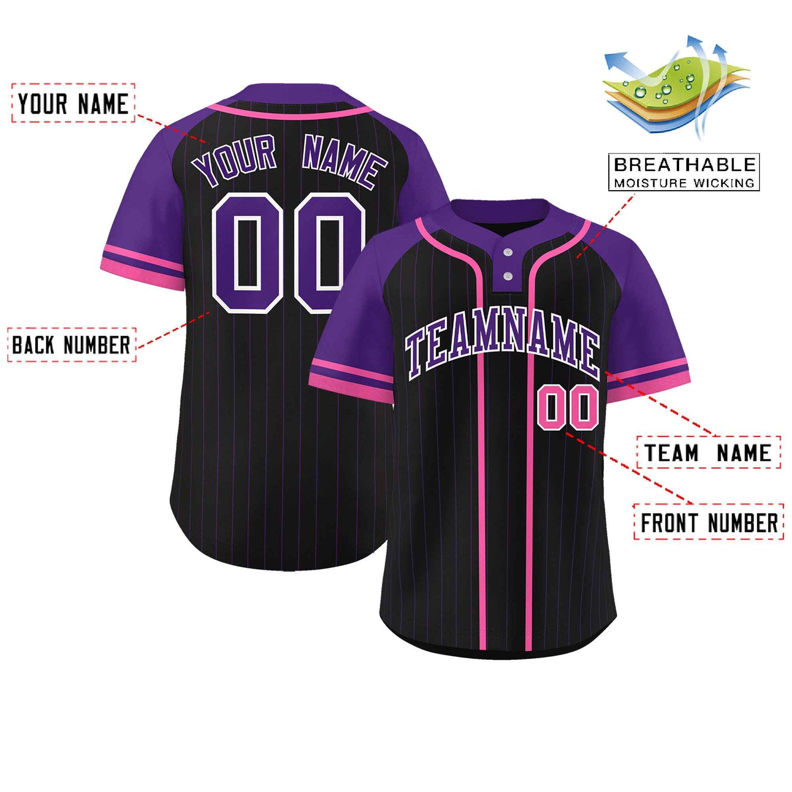 Custom Black Purple-Pink Stripe Fashion Raglan Sleeves Authentic Two-Button Softball Jersey