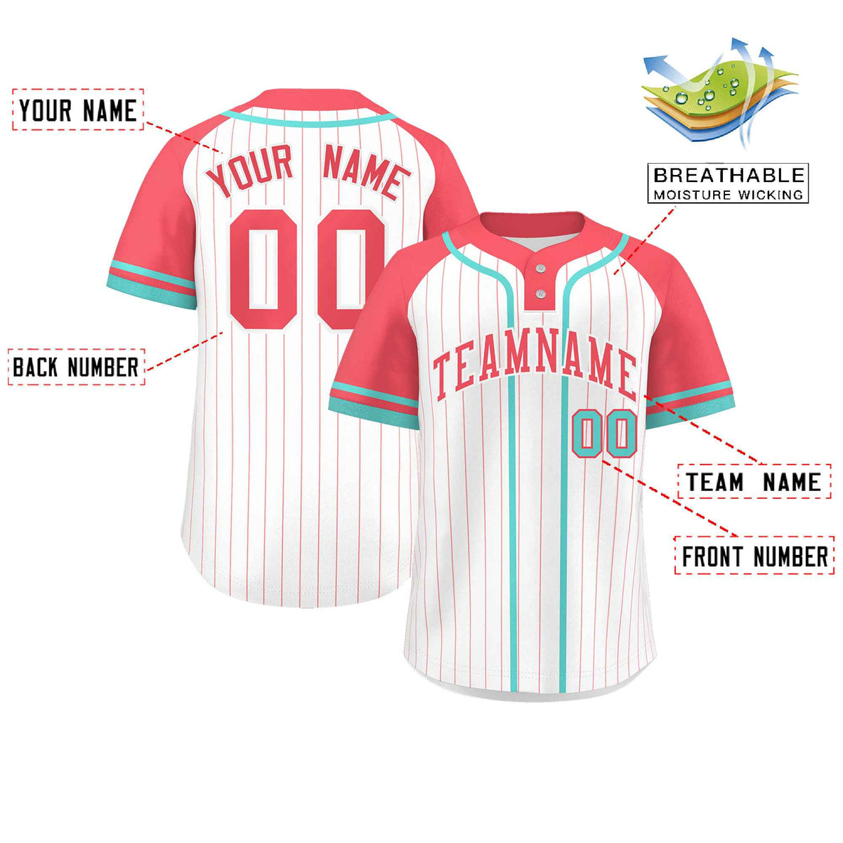 Custom White Light Red-Aqua Stripe Fashion Raglan Sleeves Authentic Two-Button Softball Jersey