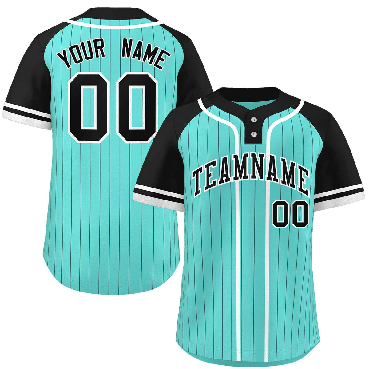 Custom Aqua Black-White Stripe Fashion Raglan Sleeves Authentic Two-Button Softball Jersey
