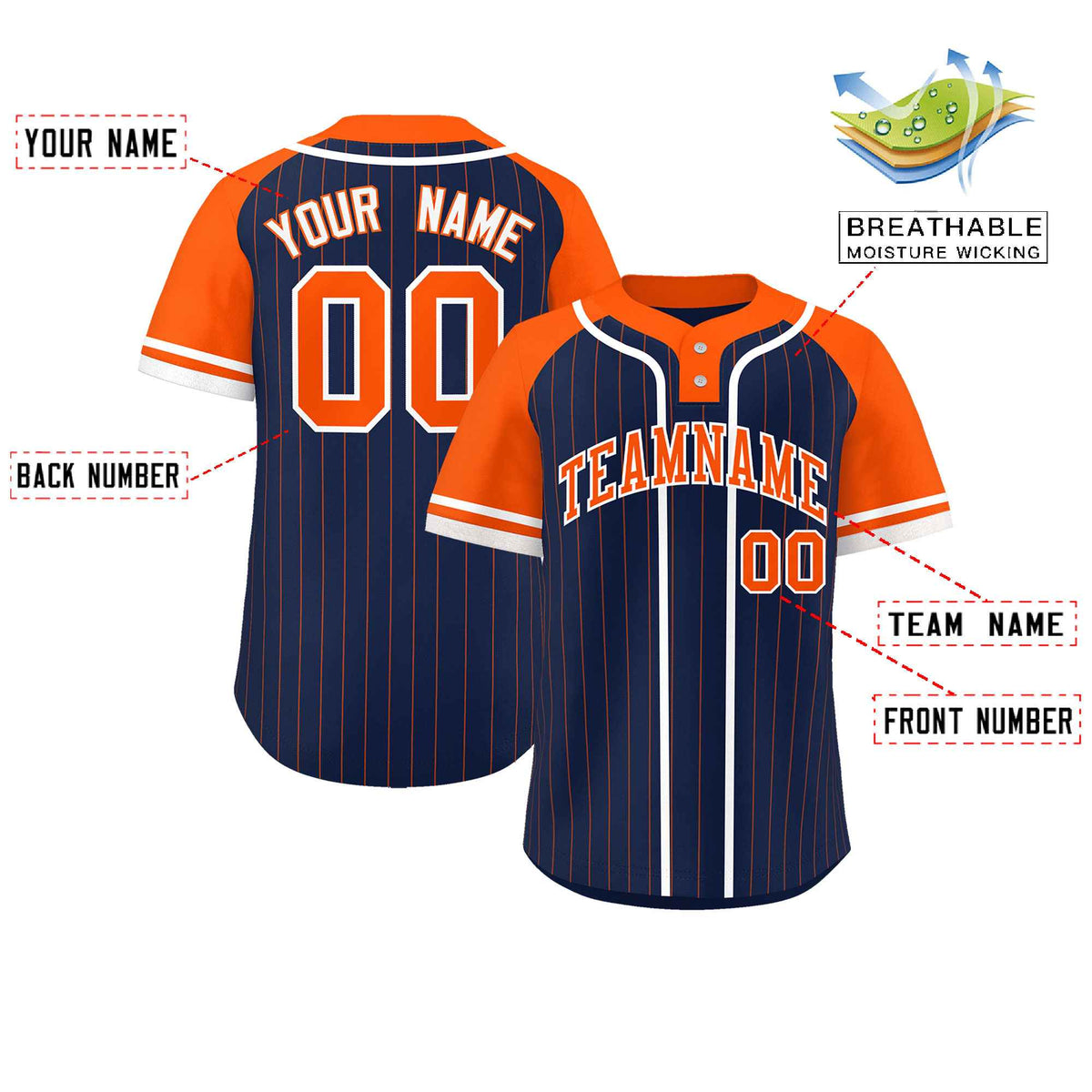 Custom Navy Orange-White Stripe Fashion Raglan Sleeves Authentic Two-Button Softball Jersey