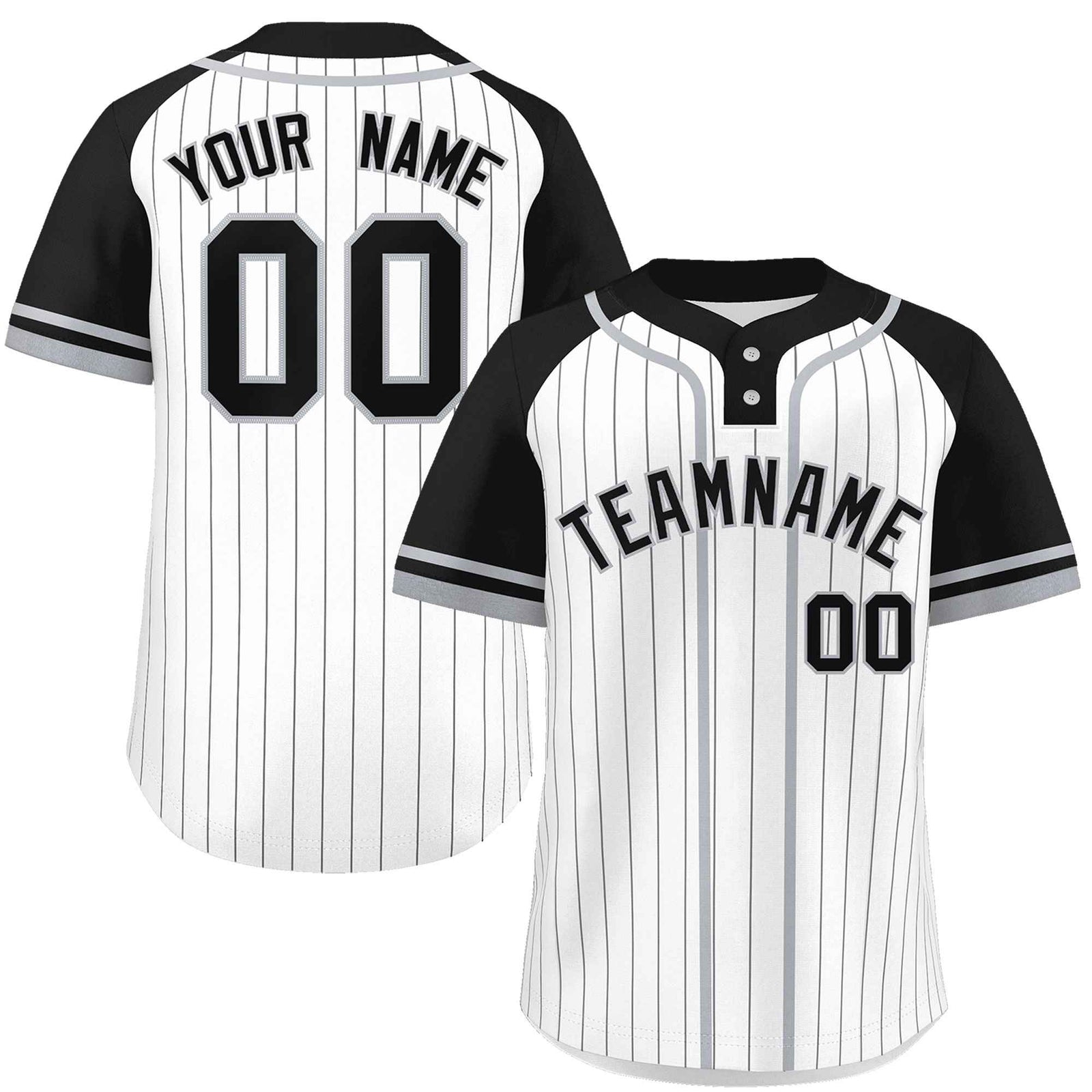 Custom White Black-Gray Stripe Fashion Raglan Sleeves Authentic Two-Button Softball Jersey